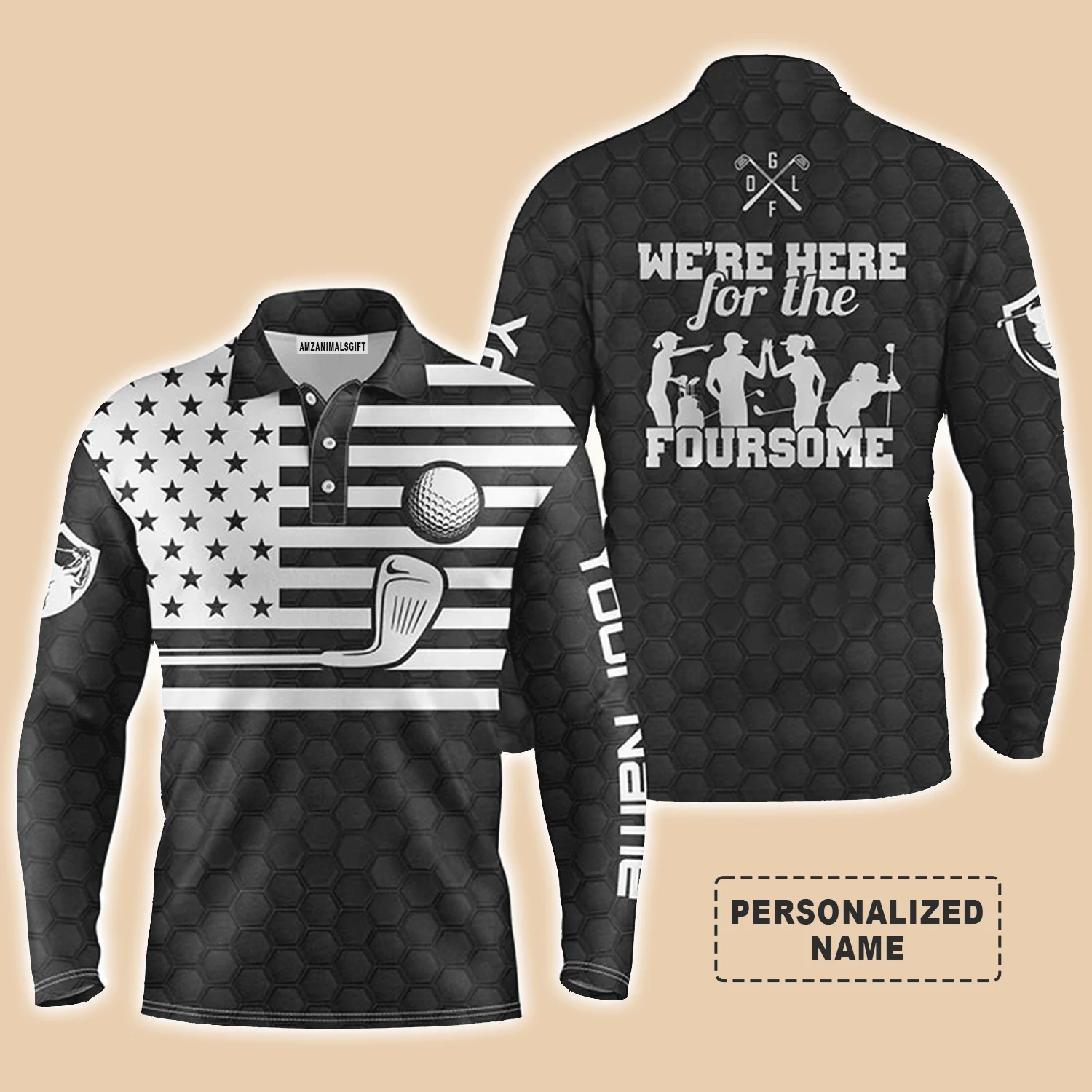 Golf Men Polo Shirt, Custom Name American Flag Black White Apparel Men Golf Polo Shirt, Personalized Gift For Golf Lover, Patriotic - Image 3