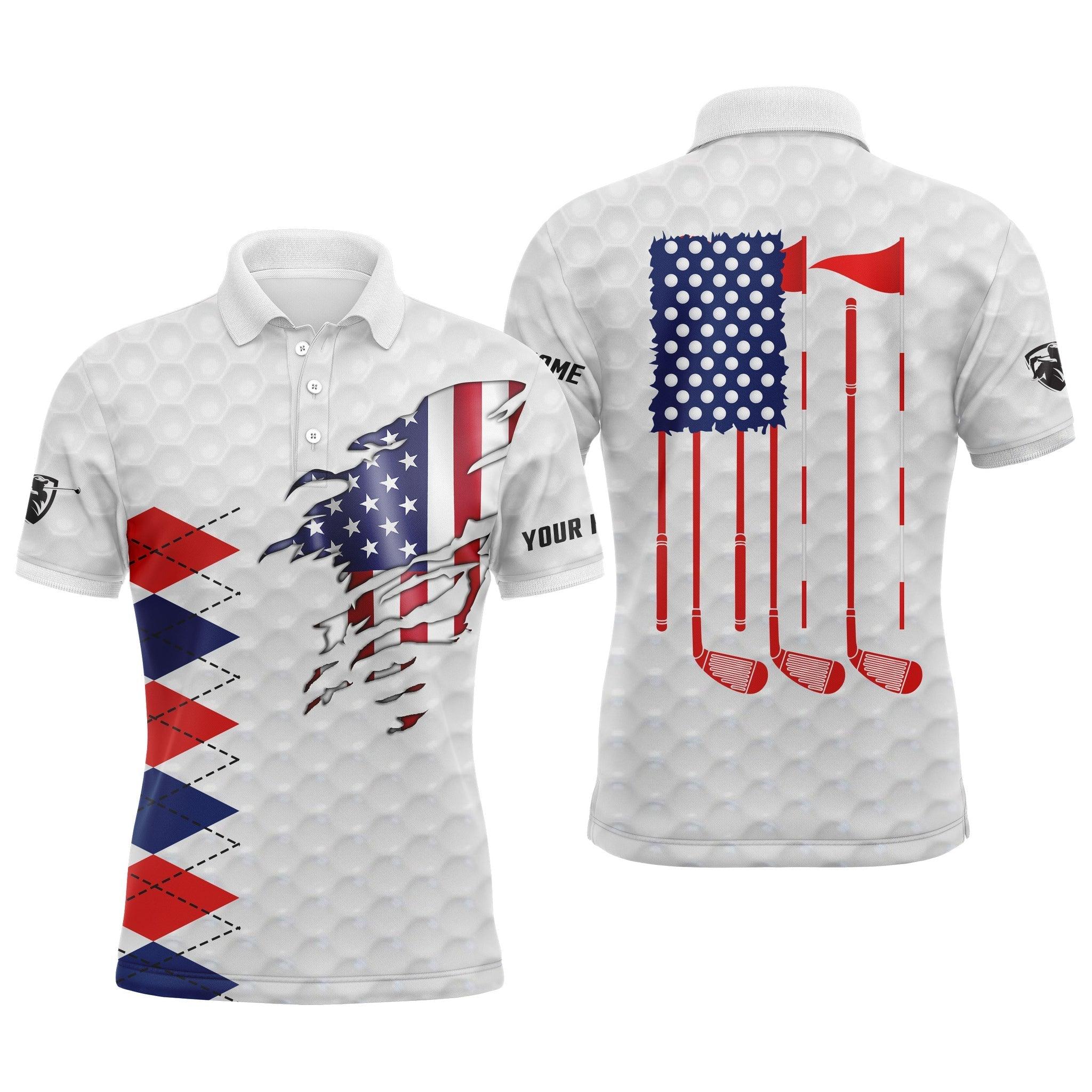 Golf Men Polo Shirt - Custom Name American Flag White Apparel - Personalized Gift For Golf Lover, Male, Husband, Team, Patriotic, Independence Day