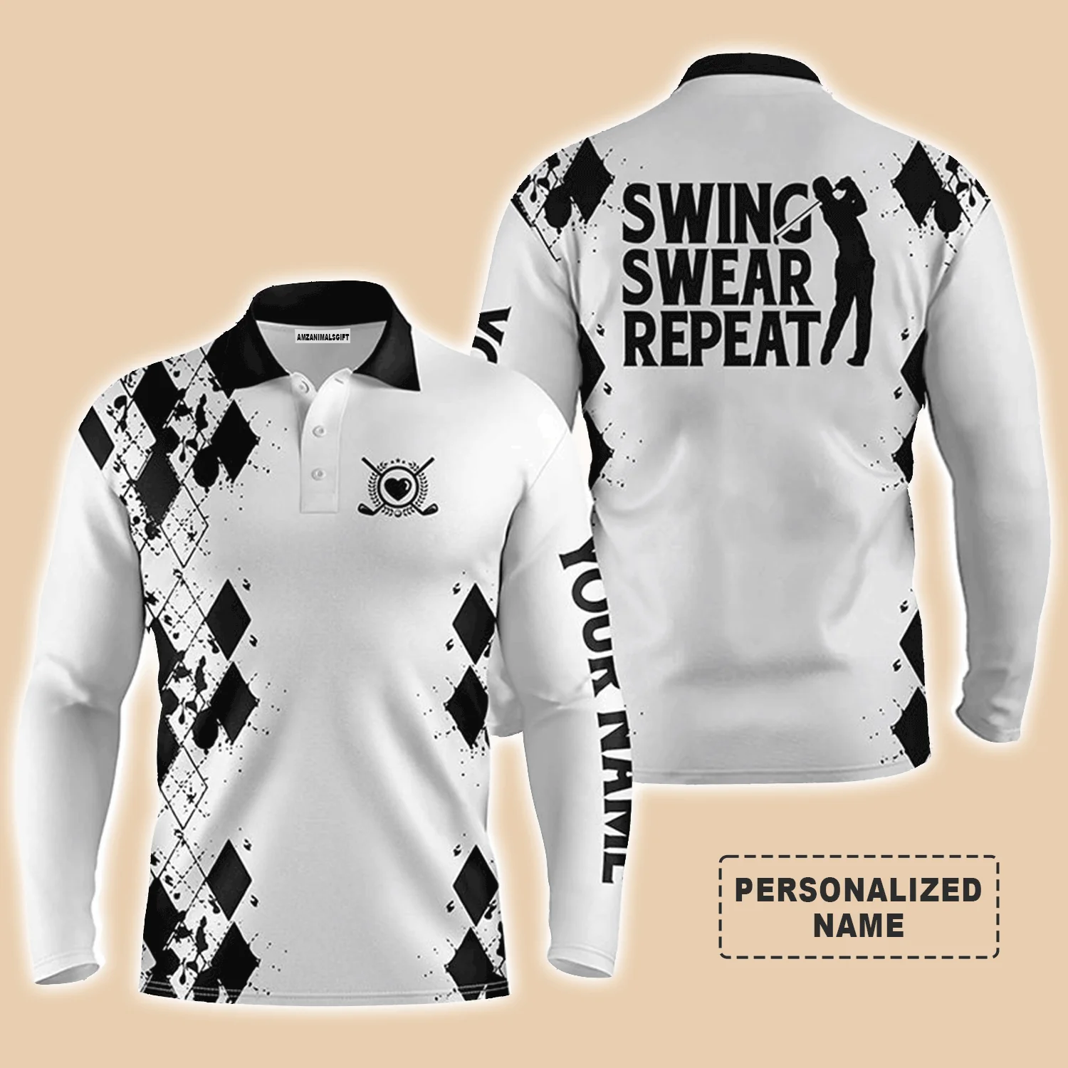 Golf Men Polo Shirt - Custom Name Argyle Black White Swing Swear Repeat Apparel - Personalized Sports Gift For Golf Lover, Male, Husband, Boyfriend - Image 3