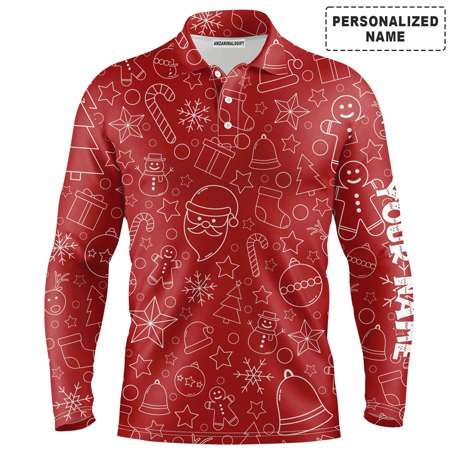 Christmas Men Polo Shirt - Custom Name Beautiful Red Xmas Pattern, Christmas Apparel - Personalized Sports Gift For Golf Lover, Male, Husband, Boyfriend - Image 2