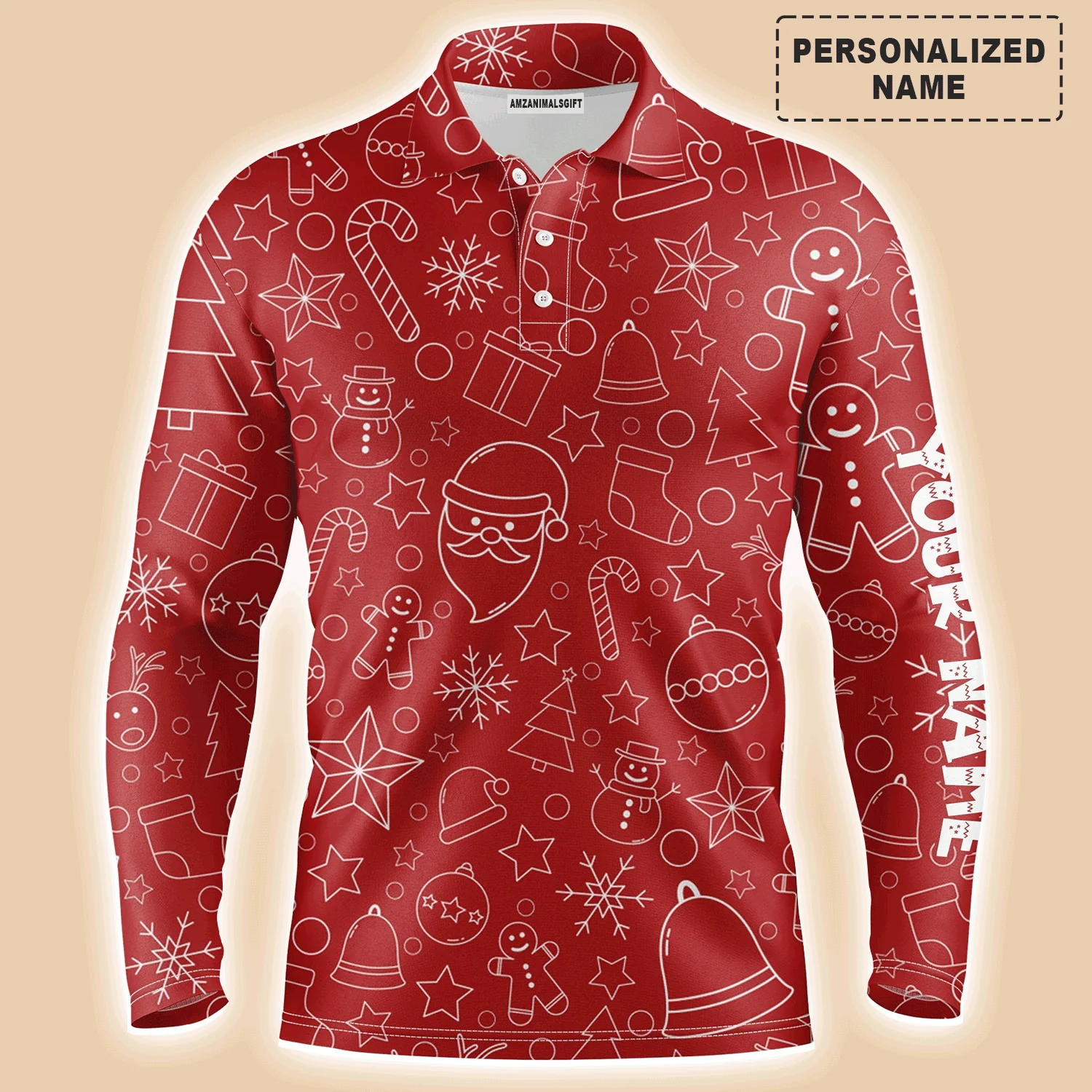 Christmas Men Polo Shirt - Custom Name Beautiful Red Xmas Pattern, Christmas Apparel - Personalized Sports Gift For Golf Lover, Male, Husband, Boyfriend - Image 3