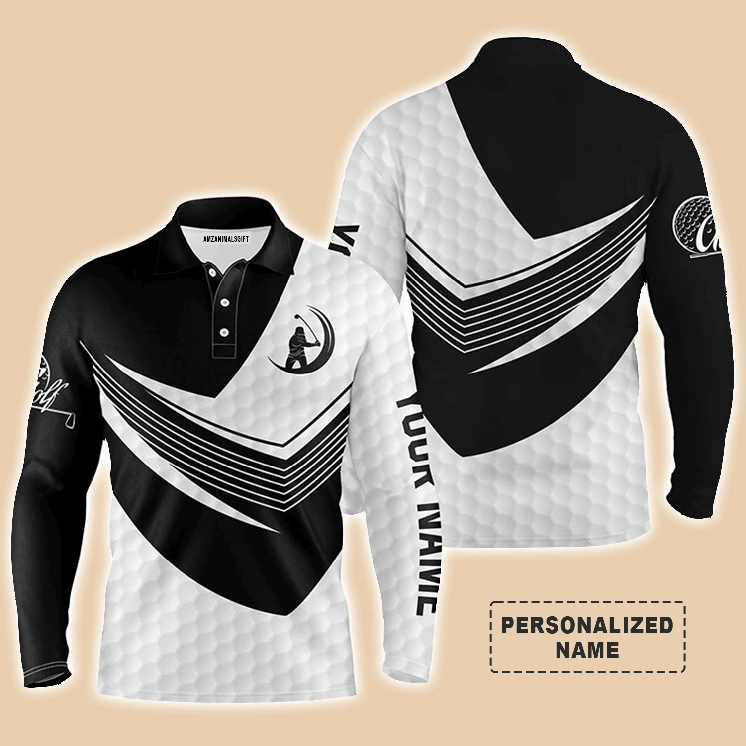 Golf Men Polo Shirt - Custom Name Black And White Golf Balls Skin Apparel Men Polo Shirt - Personalized Gift For Golf Lover, Team, Husband, Boyfriend, Men - Image 3