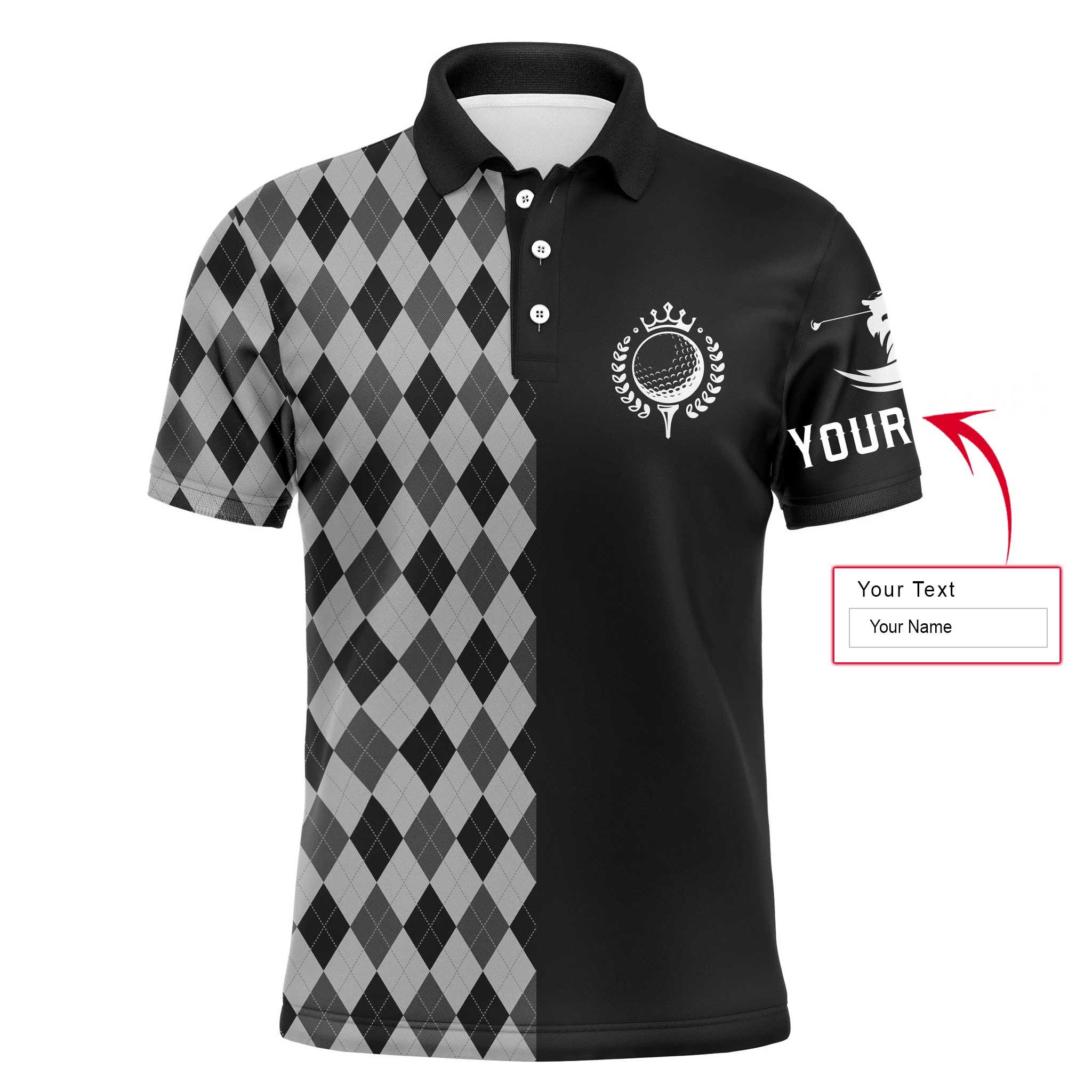 Golf Men Polo Shirt - Custom Name Black Gray Argyle Pattern Apparel - Personalized Sports Gift For Golf Lover, Male, Husband, Boyfriend, Golf Up