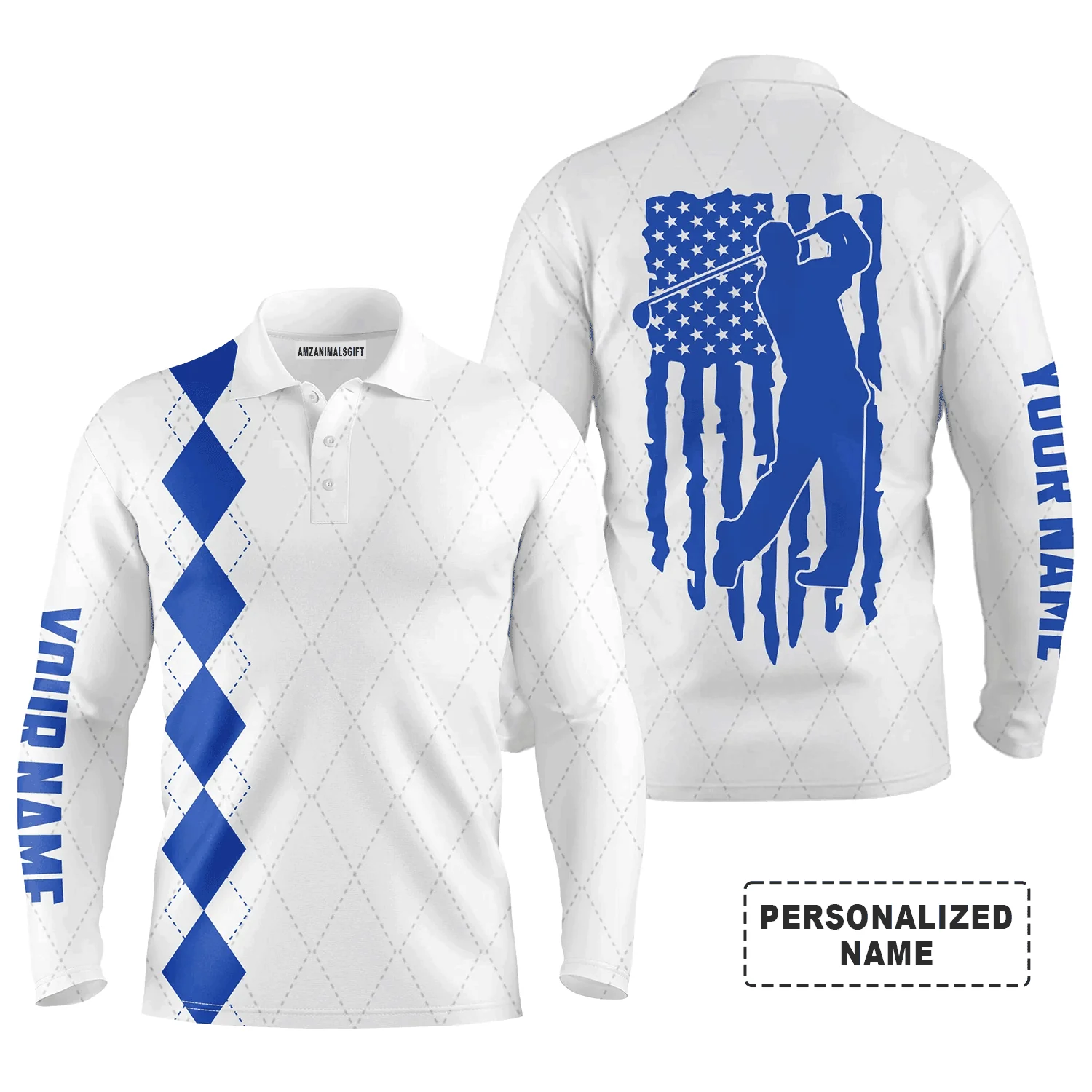 Golf Men Polo Shirt - Custom Name Blue American Flag Apparel - Personalized Gift For Golf Lover, Team, Husband, Boyfriend, Men, Patriotic, 4th July - Image 3