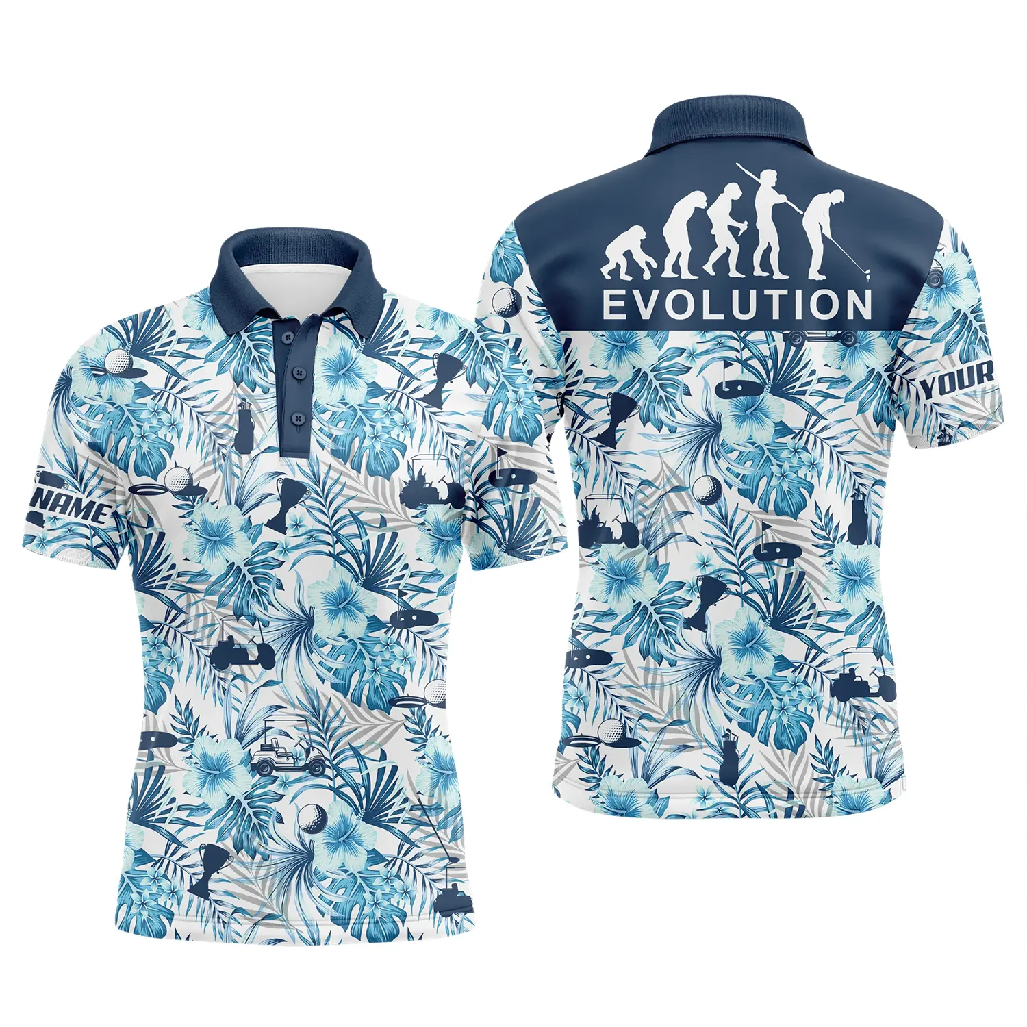 Golf Men Polo Shirt - Custom Name Blue Tropical Plant Pattern Apparel - Personalized Gift For Golf Lover, Team, Husband, Boyfriend, Men - Evolution - Image 2