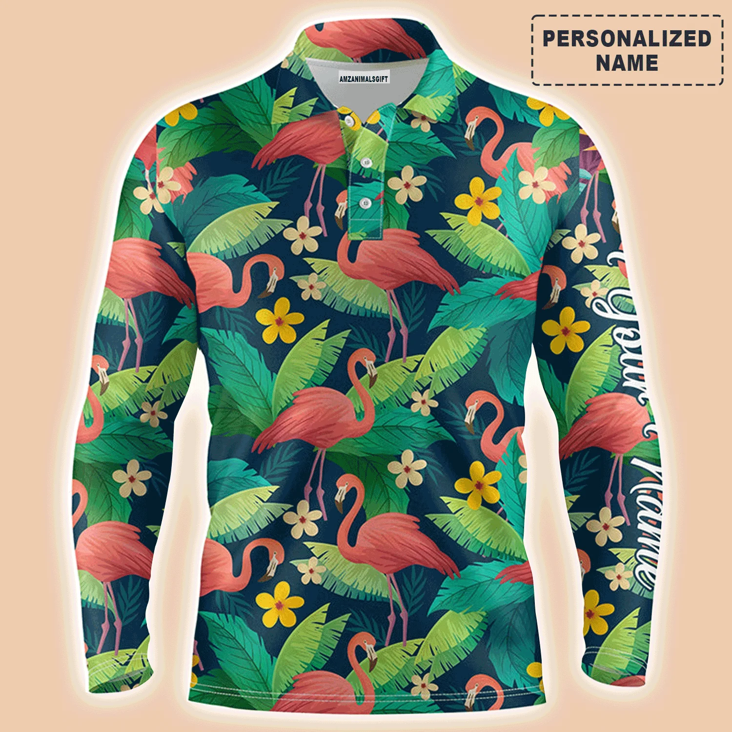 Golf Men Polo Shirt - Custom Name Colorful Flamingo Pattern Green Tropical Leaves Apparel - Personalized Gift For Golf Lover, Team, Husband, Boyfriend - Image 2