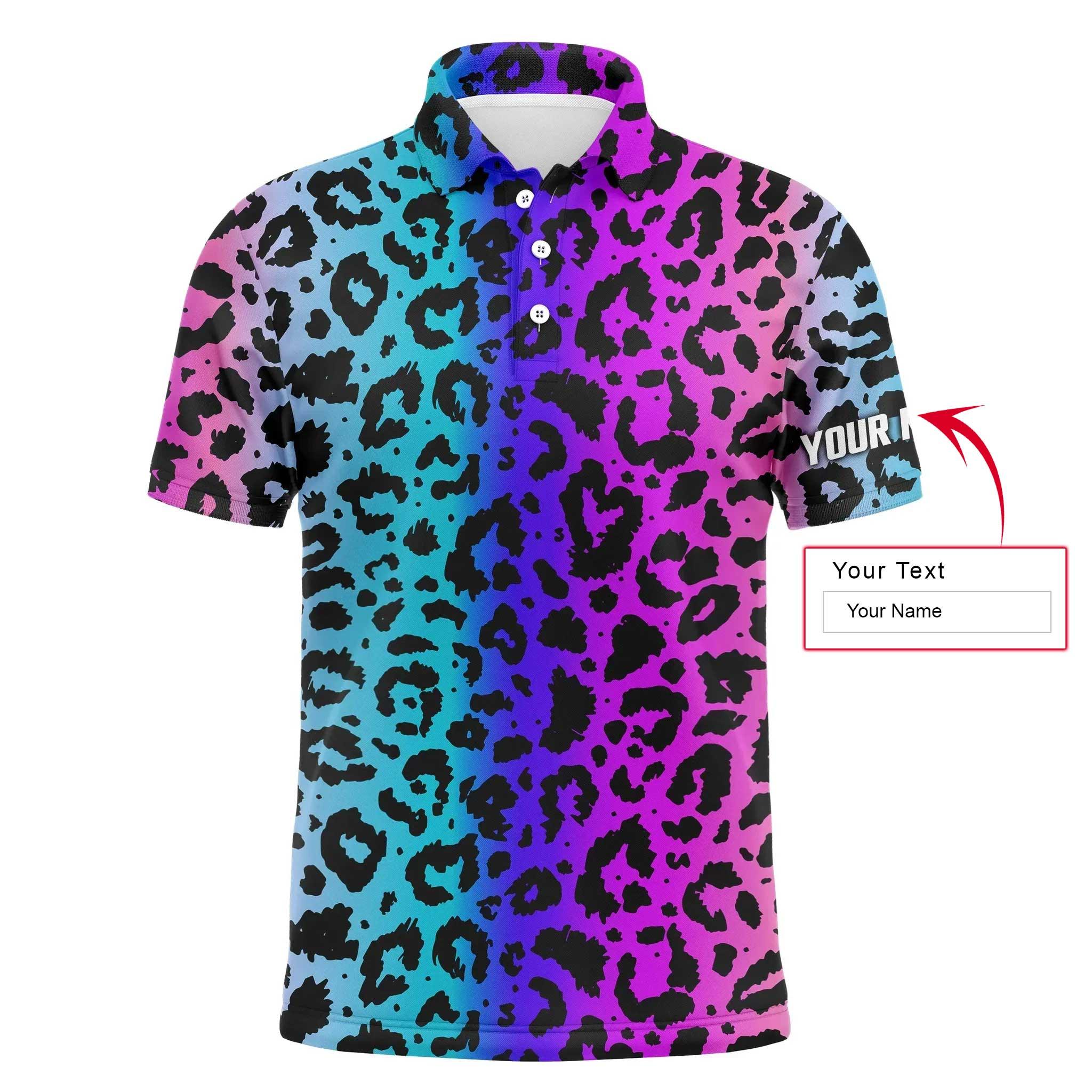 Golf Men Polo Shirt - Custom Name Colorful Neon Gradient Leopard Pattern Apparel - Personalized Gift For Golf Lover, Team, Husband, Boyfriend, Men