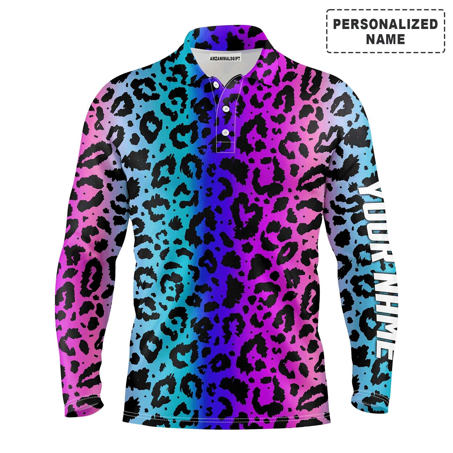 Golf Men Polo Shirt - Custom Name Colorful Neon Gradient Leopard Pattern Apparel - Personalized Gift For Golf Lover, Team, Husband, Boyfriend, Men - Image 3