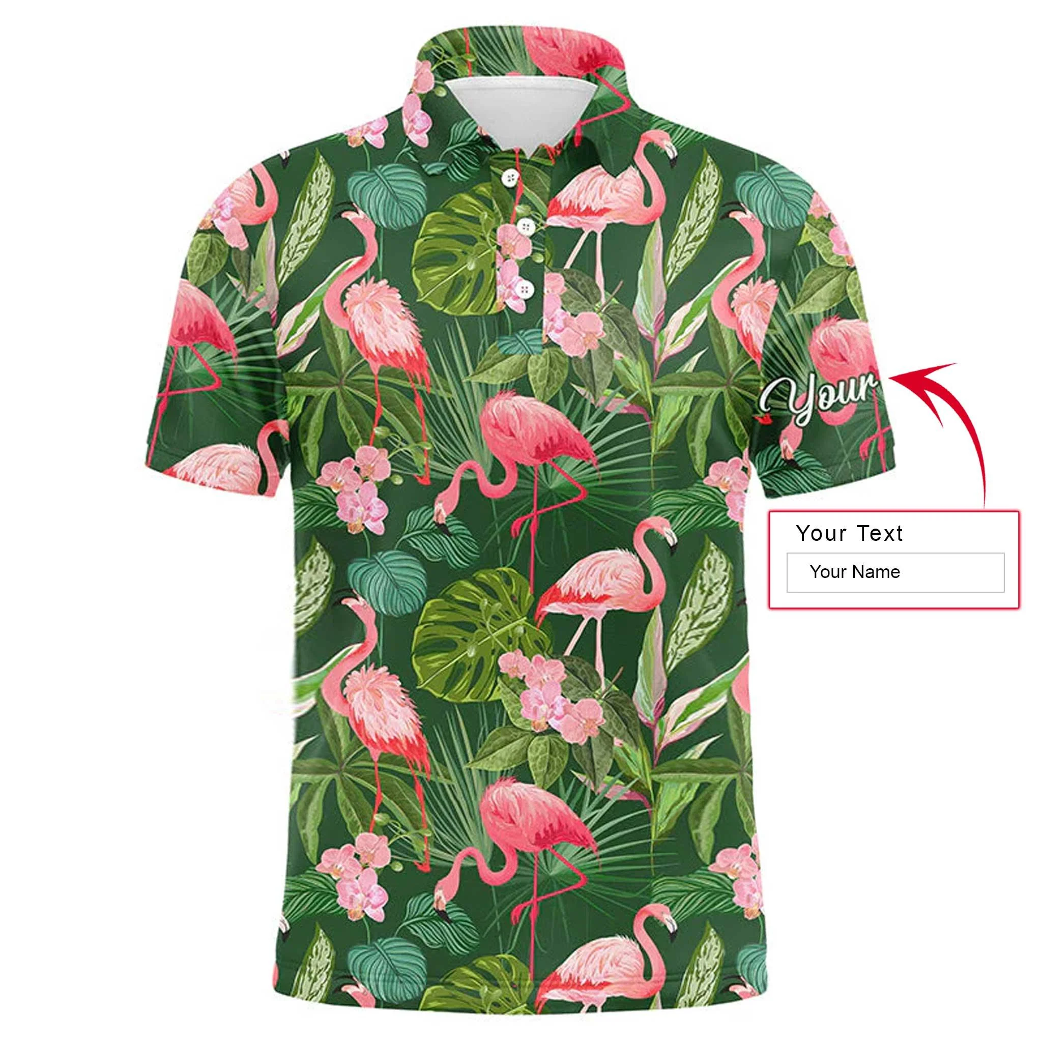 Golf Men Polo Shirt - Custom Name Flamingo Green Tropical Palm Leaves Pattern Apparel - Personalized Gift For Golf Lover, Team, Husband, Boyfriend