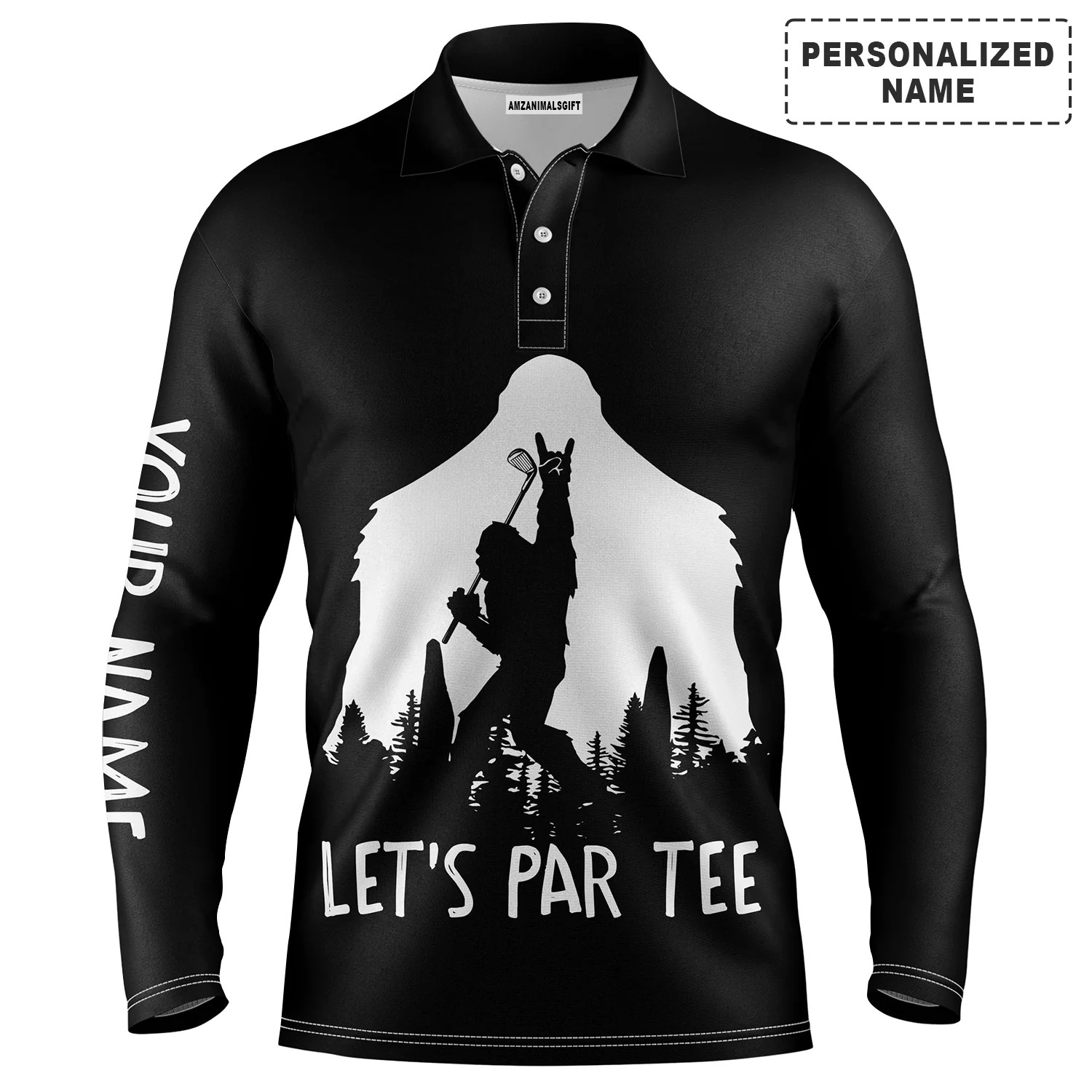 Golf Men Polo Shirt, Custom Name Funny Bigfoot Let's Par Tee Black Apparel - Personalized Sport Gift For Men, Husband, Boyfriend, Golf Lover - Image 2