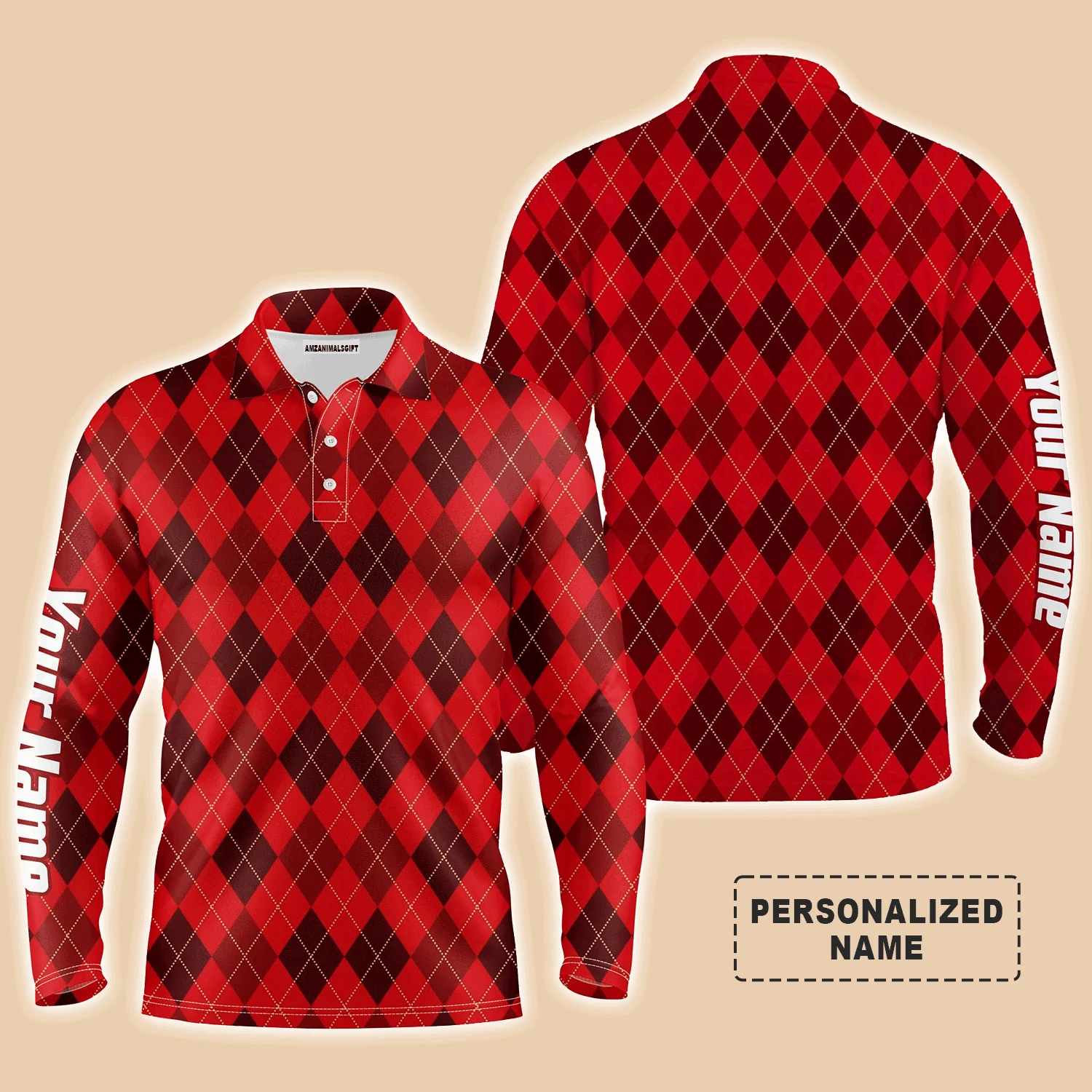 Golf Men Polo Shirt - Custom Name Funny Christmas Plaid Argyle Pattern Apparel Men Polo Shirt - Personalized Gift For Men, Golf Lover - Image 5