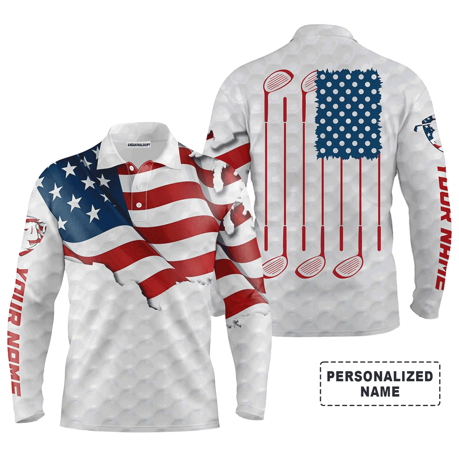Golf Men Polo Shirt, Custom Name Golf Club White American Flag Apparel - Personalized Sports Gift For Golf Lover, Male, Husband, Patriotic - Image 2