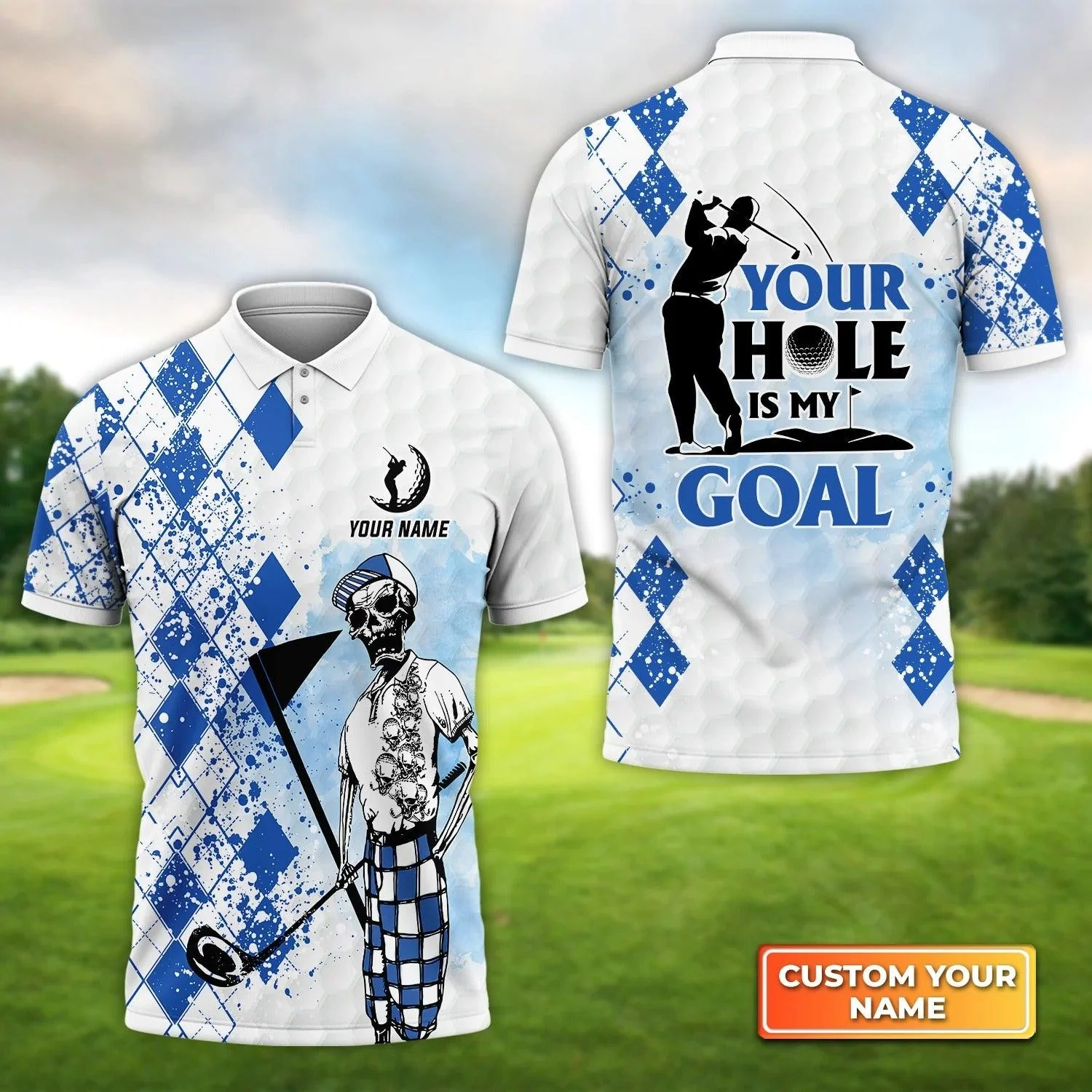 Golf Men Polo Shirt Custom Name - Golf Skull Blue Pattern Your Hole Is My Goal Personalized Polo Shirt For Men - Gift For Golfers, Friend, Family