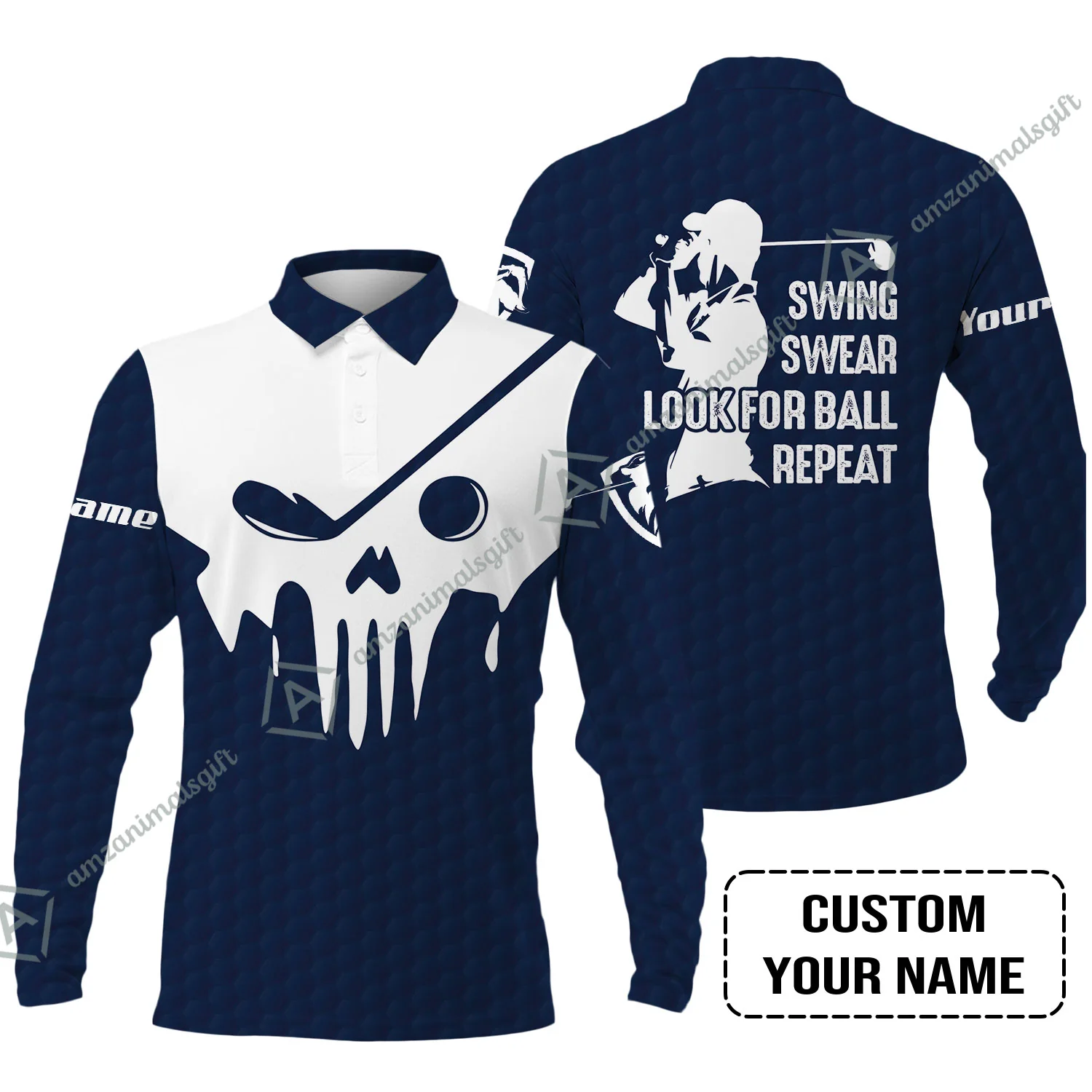 Golf Men Polo Shirt - Custom Name Golf Skull - Swing Swear Look For Ball Repeat Men Polo Shirt - Image 3