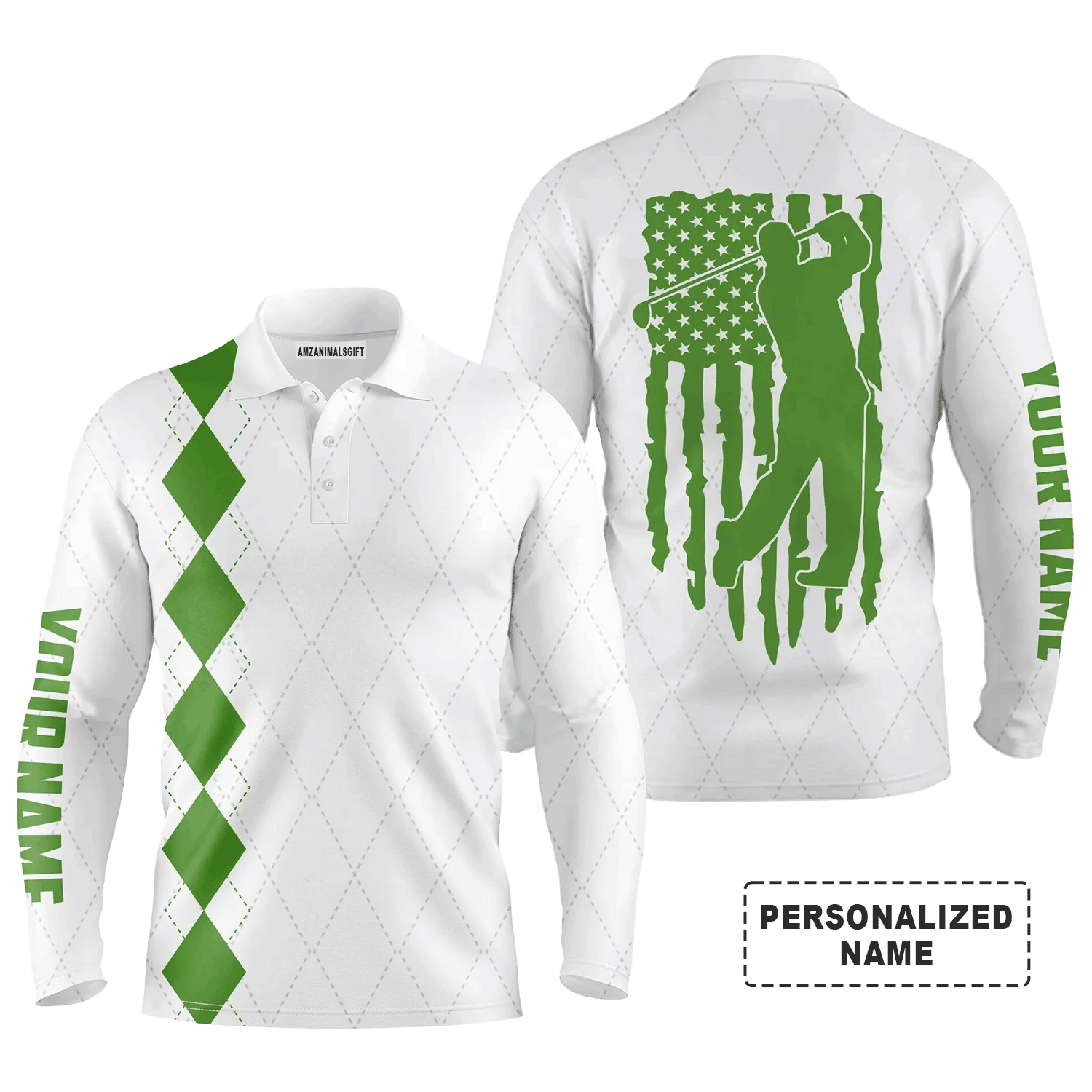 Golf Men Polo Shirt - Custom Name Green American Flag Apparel - Personalized Gift For Golf Lover, Team, Husband, Boyfriend, Men, Patriotic, 4th July - Image 2
