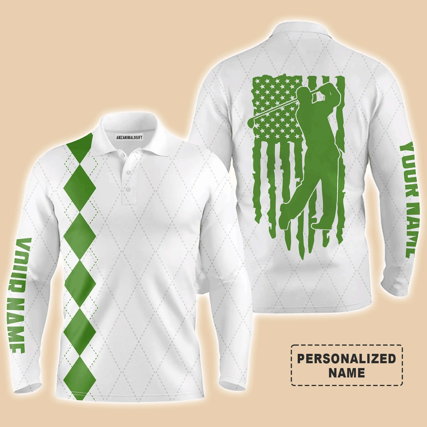 Golf Men Polo Shirt - Custom Name Green American Flag Apparel - Personalized Gift For Golf Lover, Team, Husband, Boyfriend, Men, Patriotic, 4th July - Image 3