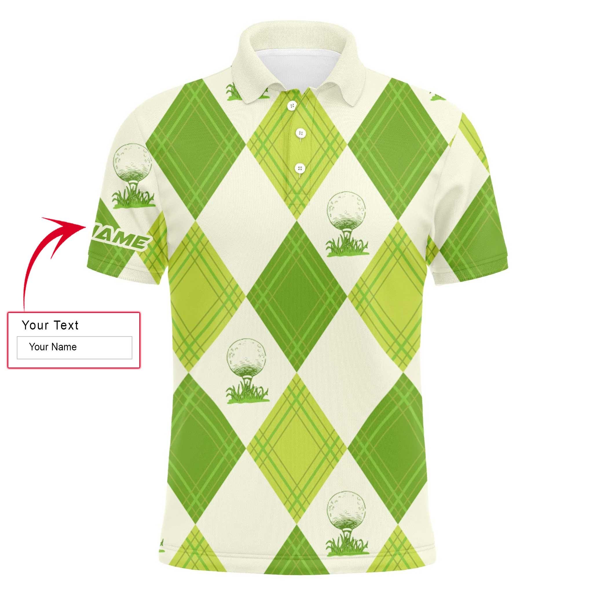 Golf Men Polo Shirt - Custom Name Green Argyle Pattern Apparel - Personalized Gift For Golf Lover, Male, Husband, Team Golf, Boyfriend, Golf Up