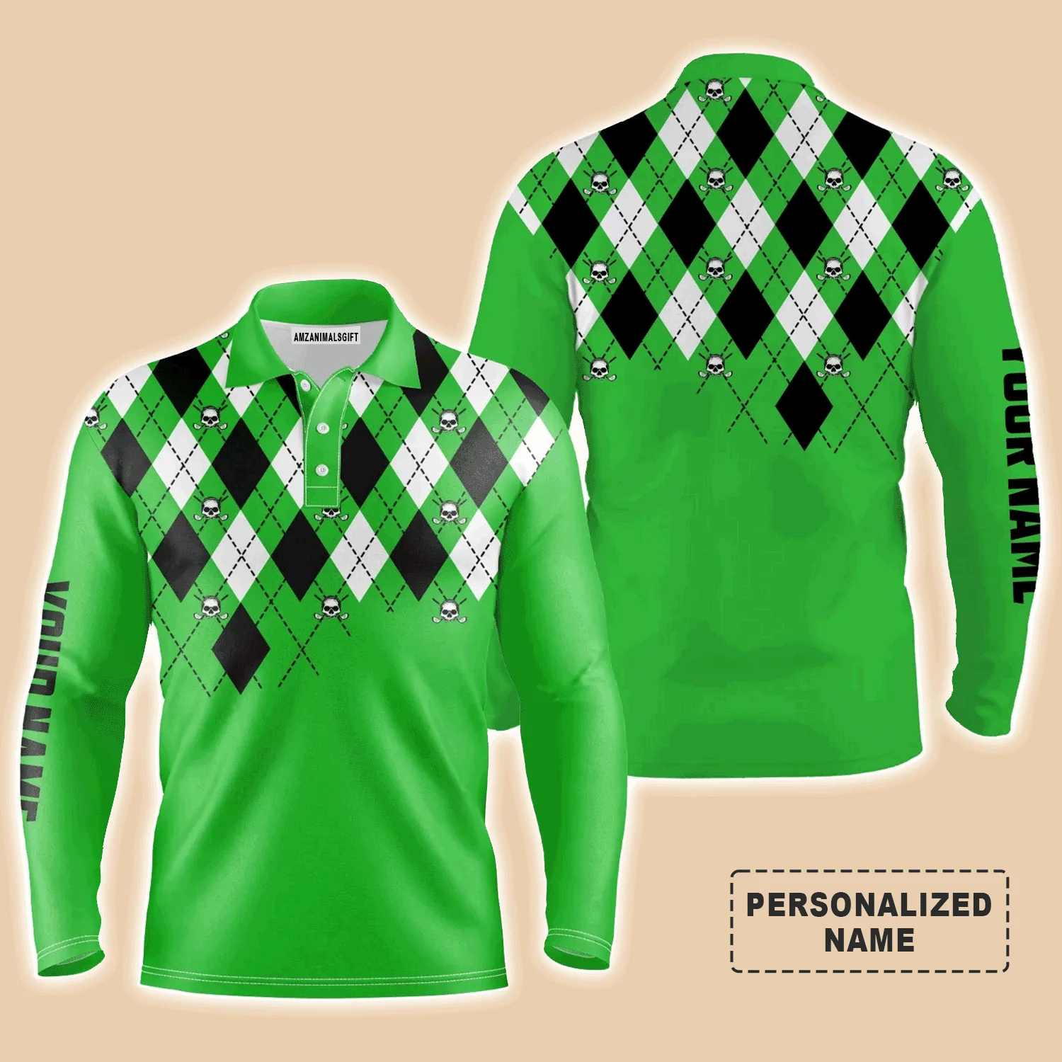 Golf Men Polo Shirt - Custom Name Green Argyle Plaid Golf Skull Pattern Apparel Men Polo Shirt - Personalized Gift For Men, Golf Lover - Image 3