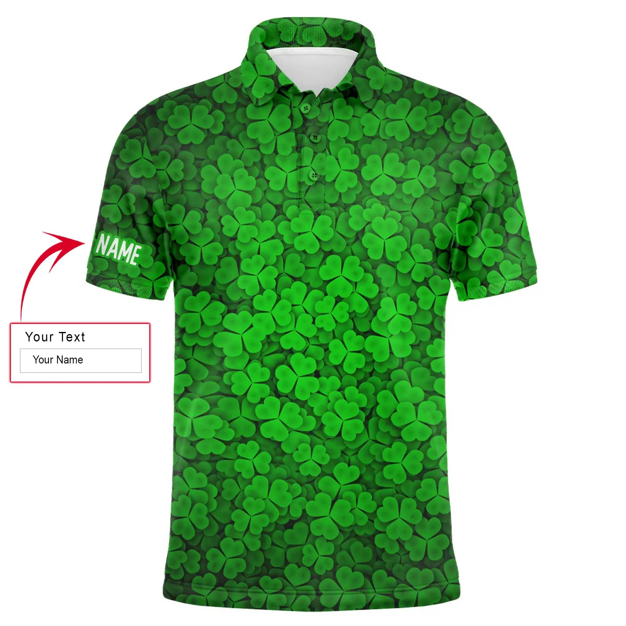 Golf Men Polo Shirt - Custom Name Green Clover St Patrick's Day Pattern Apparel - Personalized Sports Gift For Golf Lover, Male, Husband, Team Golf
