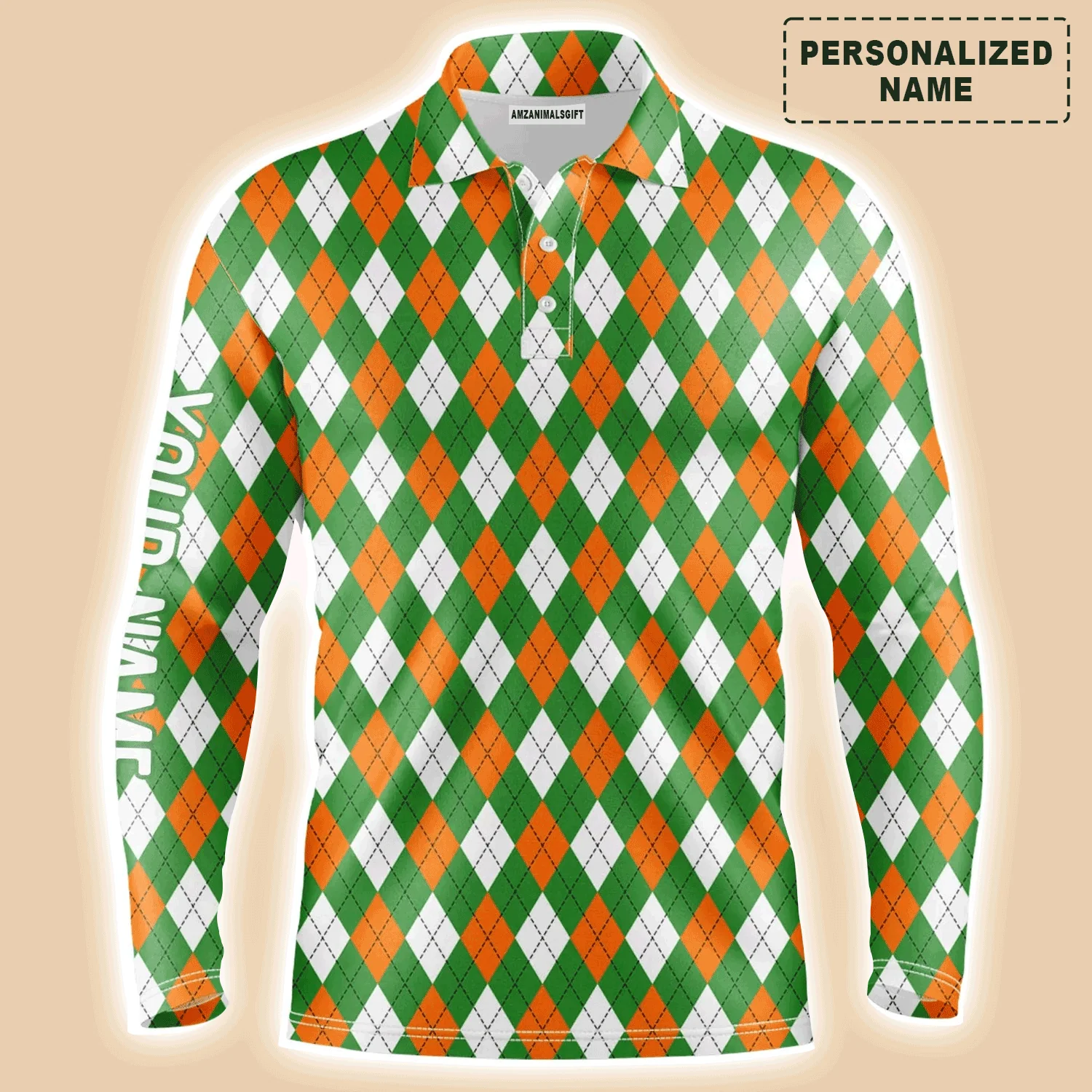Golf Men Polo Shirt - Custom Name Green Orange White St. Patricks Day Argyle Plaid Pattern Apparel Men Polo Shirt - Perfect Polo Shirt For Men, Golfers - Image 2