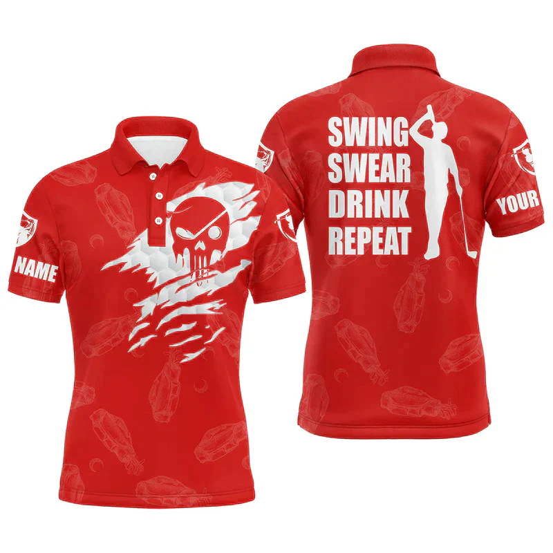 Golf Men Polo Shirt - Custom Name Multicolor Golf Clubs Pattern - Swing Swear Drink Repeat Men Polo Shirt For Golf Lover - Image 3