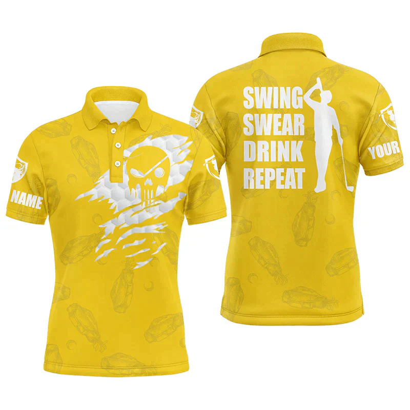 Golf Men Polo Shirt - Custom Name Multicolor Golf Clubs Pattern - Swing Swear Drink Repeat Men Polo Shirt For Golf Lover - Image 4
