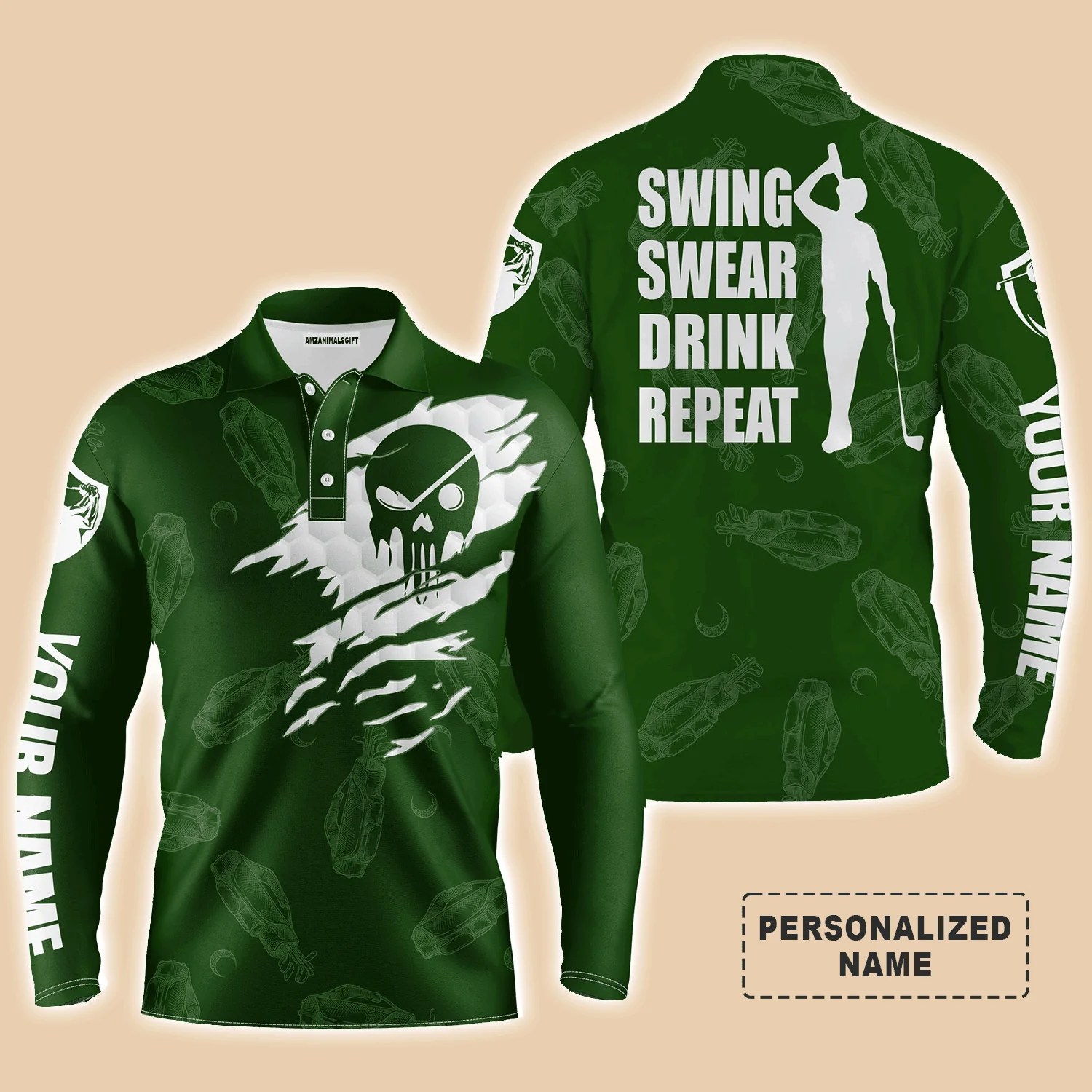 Golf Men Polo Shirt - Custom Name Multicolor Golf Clubs Pattern - Swing Swear Drink Repeat Men Polo Shirt For Golf Lover - Image 6