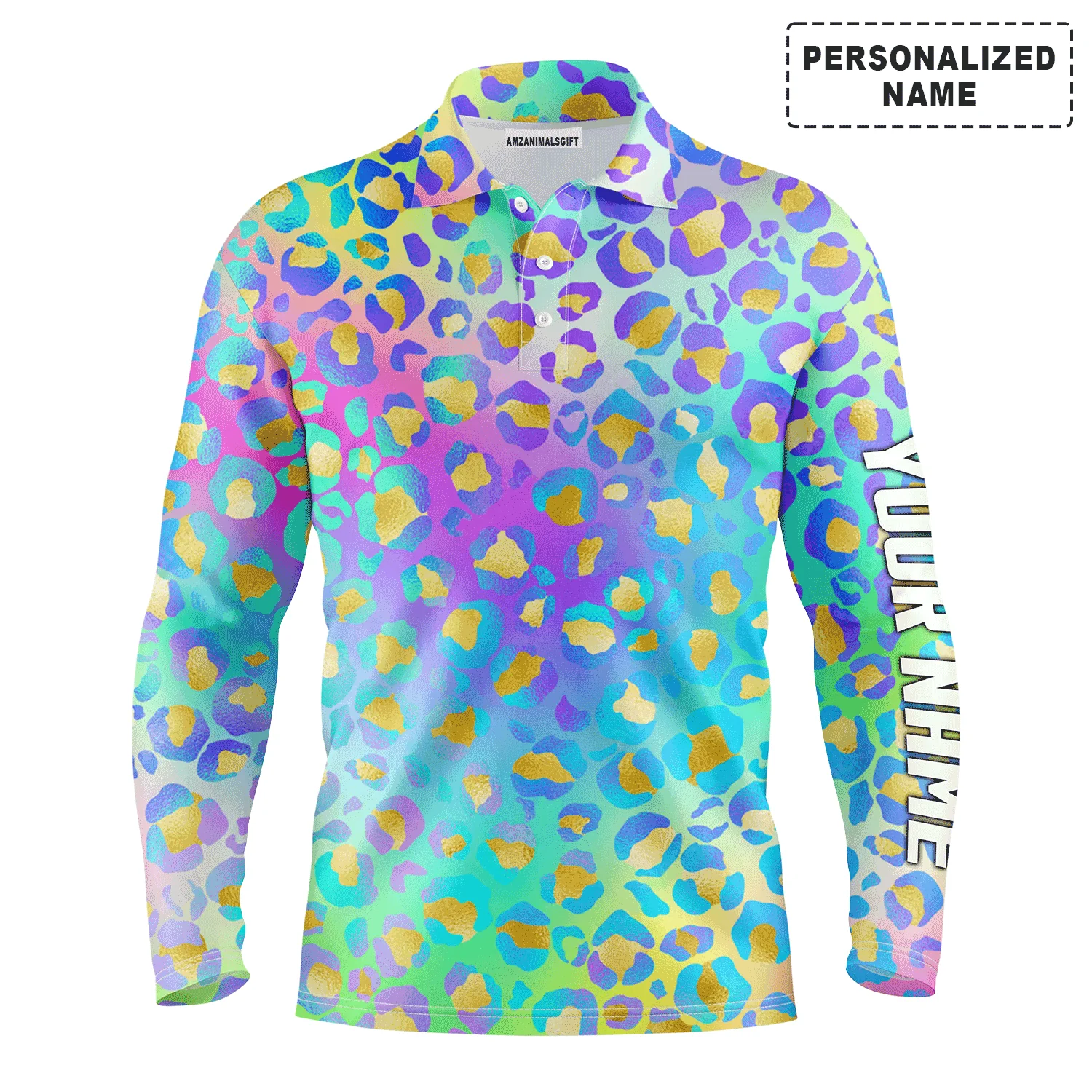 Golf Men Polo Shirt - Custom Name Multicolor Neon Leopard Pattern Apparel Men Polo Shirt - Personalized Gift For Golf Lover, Team, Husband, Boyfriend, Men - Image 2