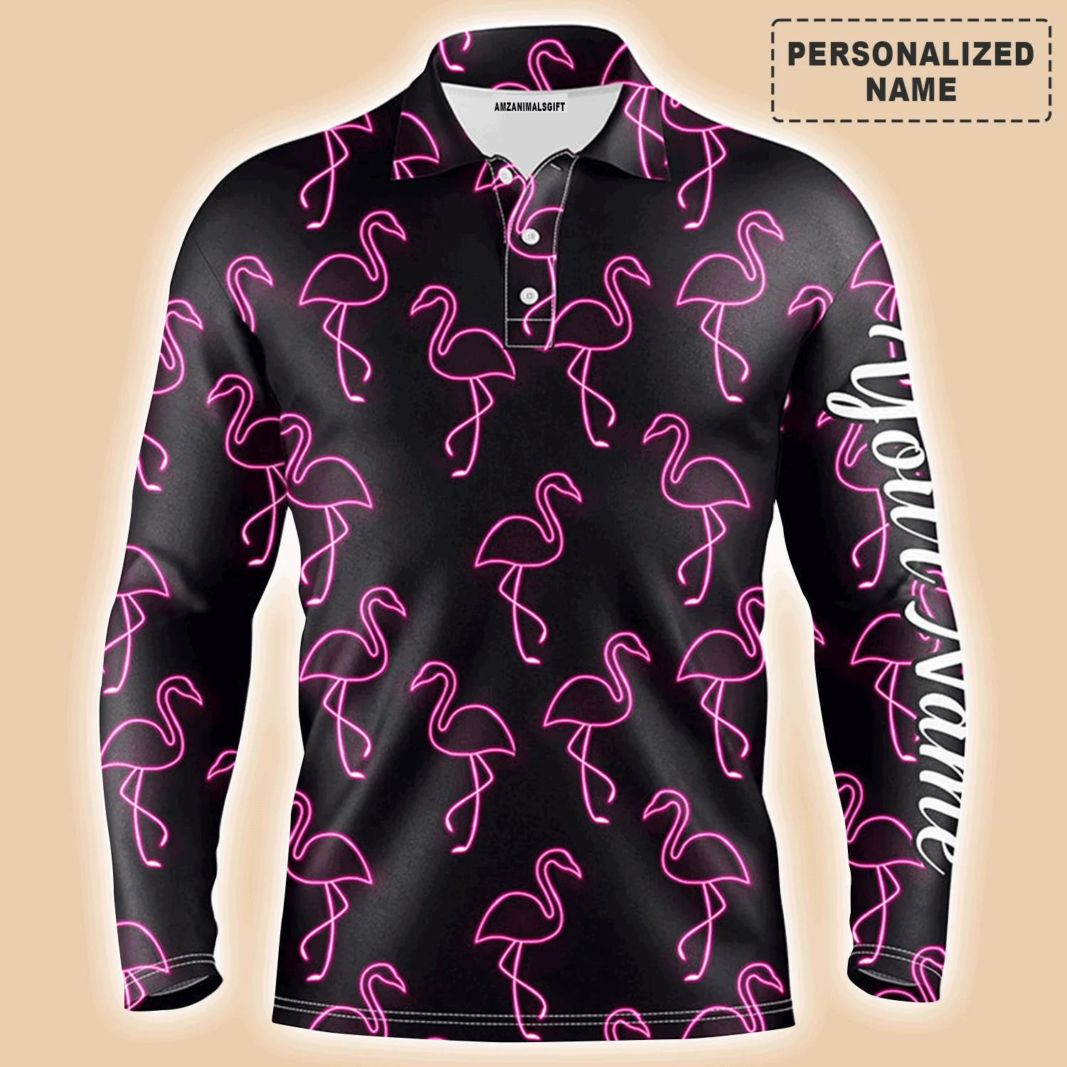 Golf Men Polo Shirt - Custom Name Neon Pink Flamingos Pattern Apparel Polo Shirt - Personalized Gift For Golf Lover, Team, Husband, Boyfriend, Men - Image 2