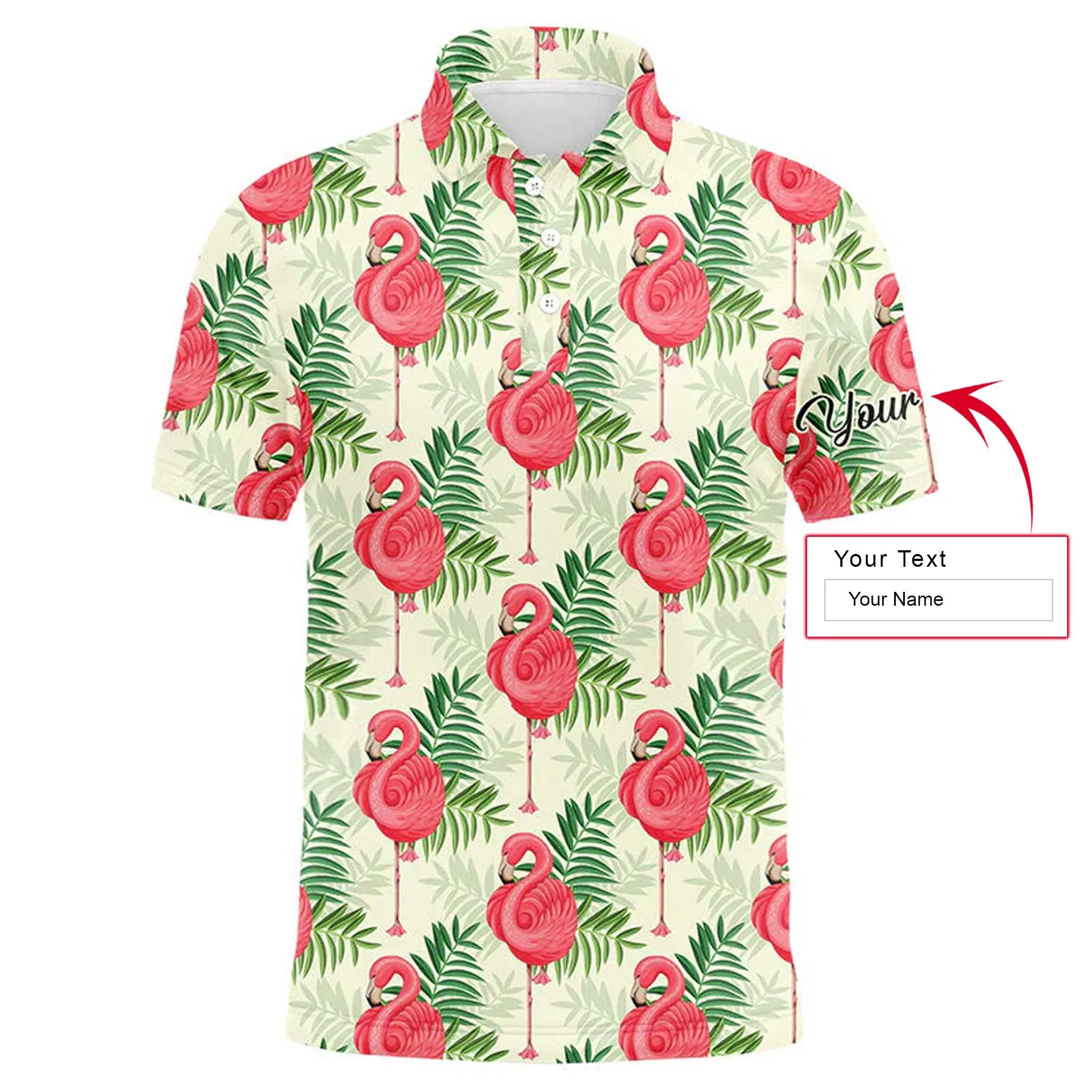 Golf Men Polo Shirt - Custom Name Pink Flamingo Green Tropical Leaf Pattern Apparel - Personalized Gift For Golf Lover, Team, Husband, Boyfriend