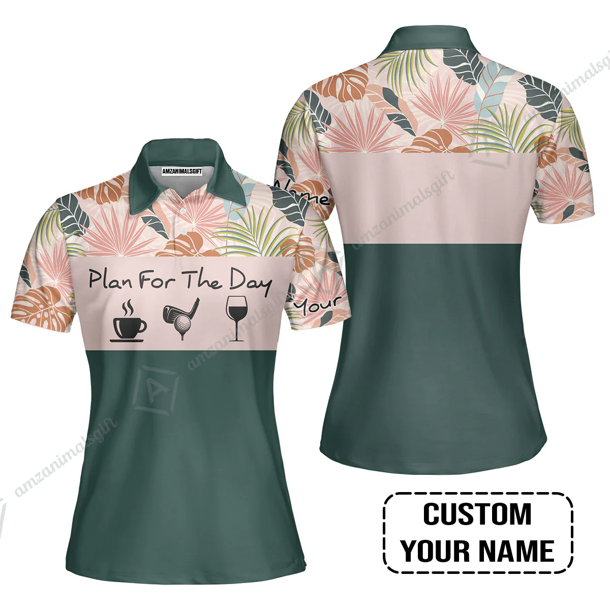 Golf Men Polo Shirt - Custom Name Tropical Leaves Floral Apparel - Personalized Gift For Golf Lover, Team - Plan For The Day Coffee Golf Wine - Image 6