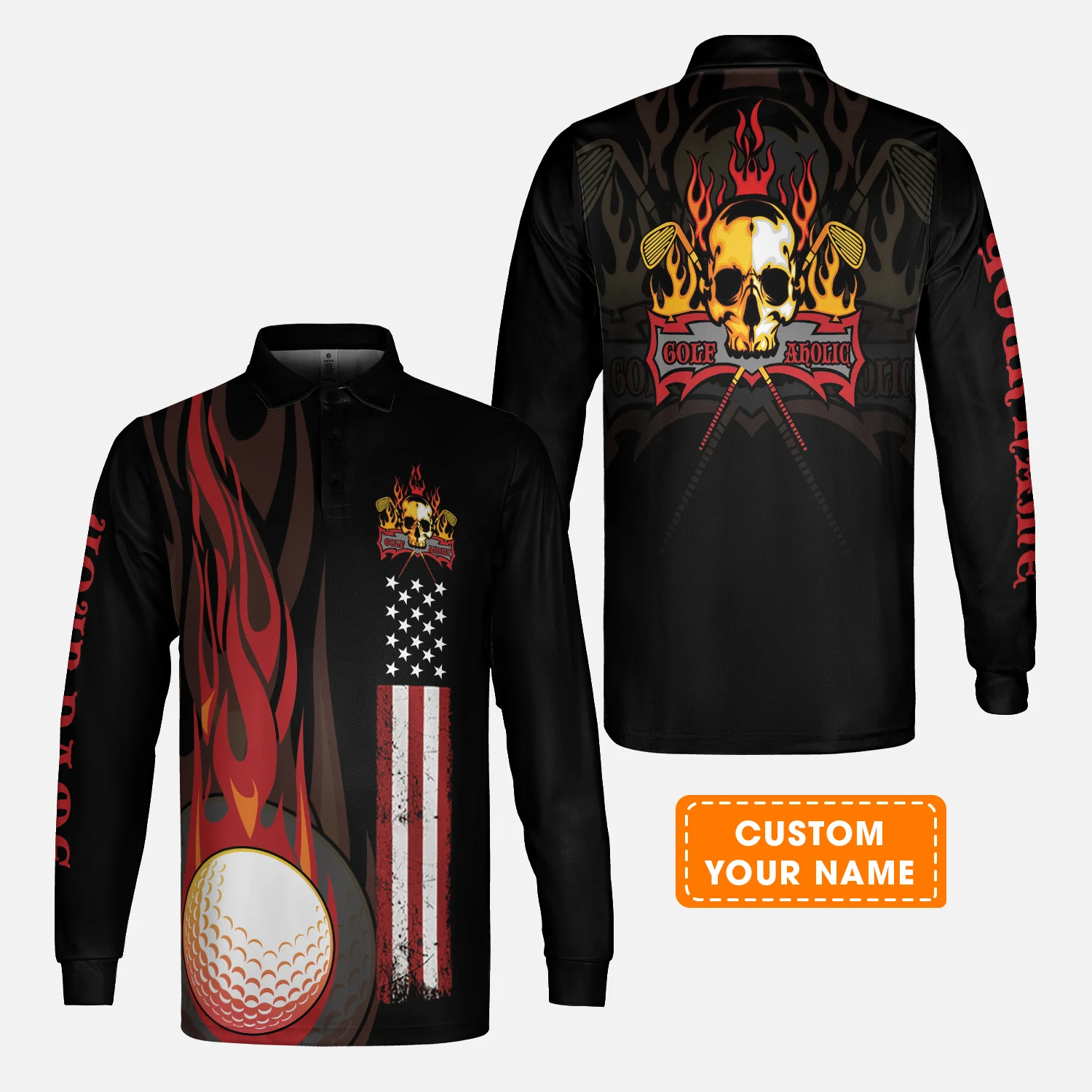 Golf Men Polo Shirt - Flame Skull Golf Ball American Flag Custom Name Polo Shirt - Personalized Gift For Golf Lover, Men, Patriotic - Image 4