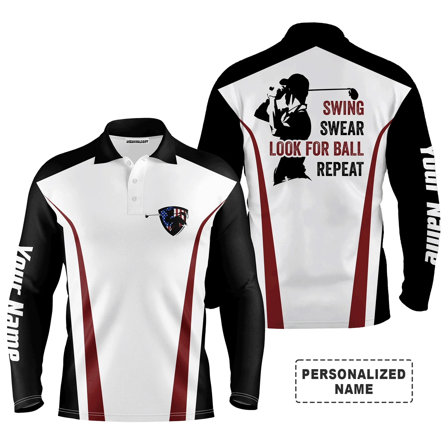 Golf Men Polo Shirt - Funny Custom Name Black White Red Apparel, Swing Swear Look For Ball Repeat Men Golf Polo Shirt - Perfect Polo Shirt For Men, Golfers - Image 2