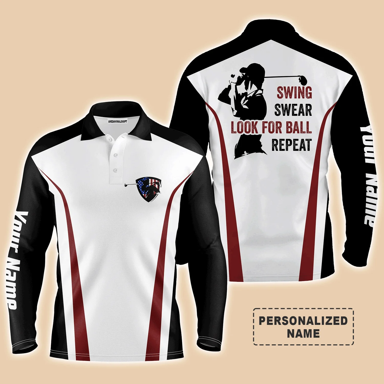Golf Men Polo Shirt - Funny Custom Name Black White Red Apparel, Swing Swear Look For Ball Repeat Men Golf Polo Shirt - Perfect Polo Shirt For Men, Golfers - Image 3