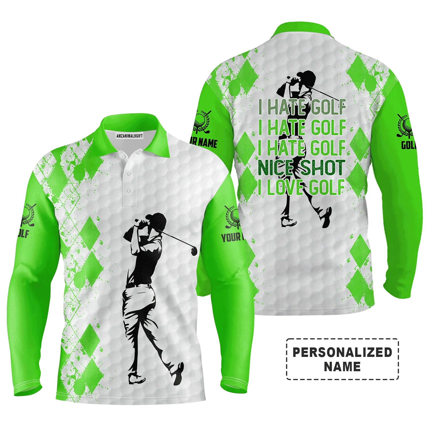 Golf Men Polo Shirt - Funny Custom Name Green White Apparel, I Hate Golf Nice Shot I Love Golf Men Golf Polo Shirt - Perfect Polo Shirt For Men, Golfers - Image 2