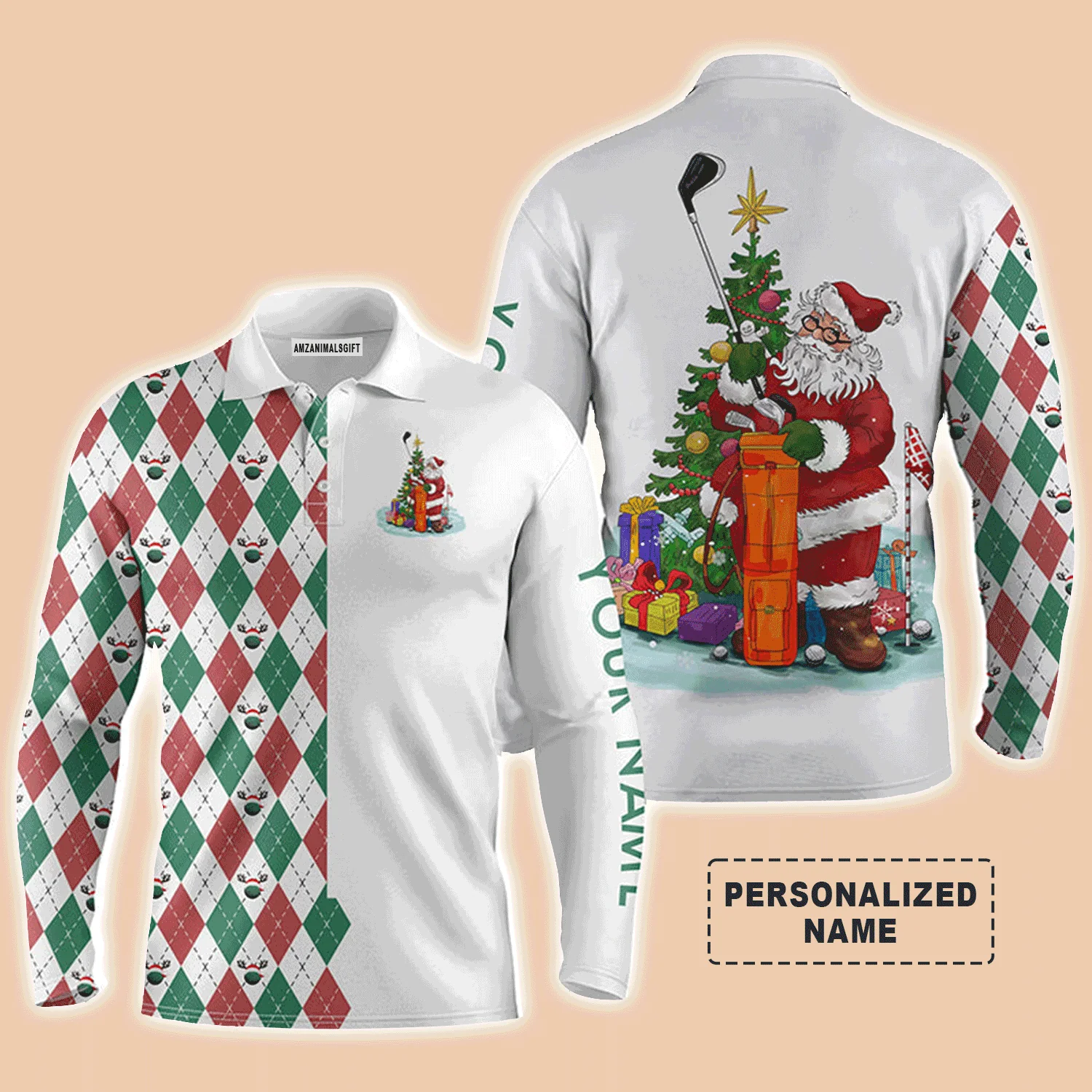 Golf Men Polo Shirt - Funny Santa Golfer Christmas Golf Ball Pattern Custom Name Apparel - Personalized Gift For Golf Lover, Team, Husband, Men - Image 2