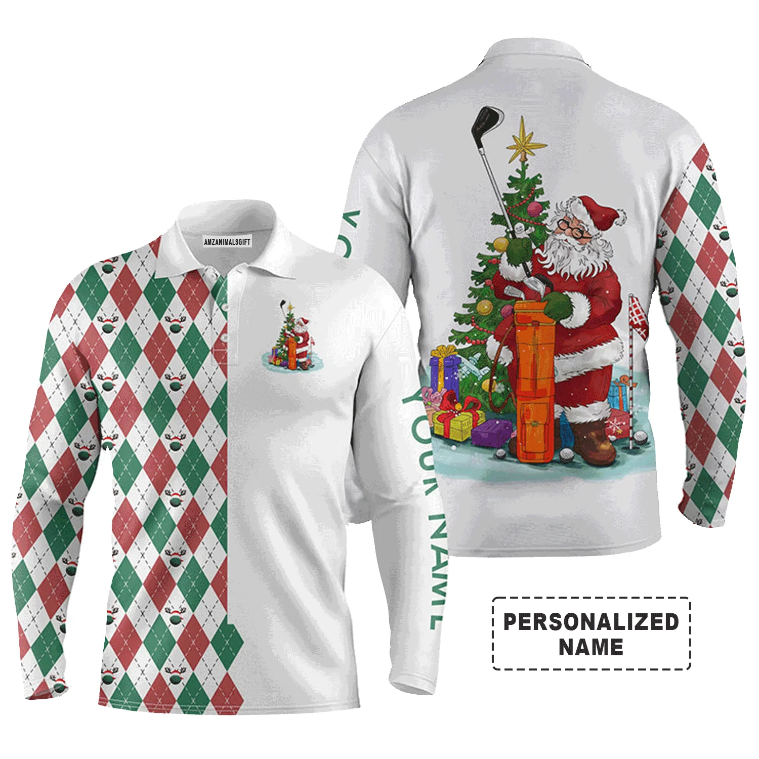 Golf Men Polo Shirt - Funny Santa Golfer Christmas Golf Ball Pattern Custom Name Apparel - Personalized Gift For Golf Lover, Team, Husband, Men - Image 3