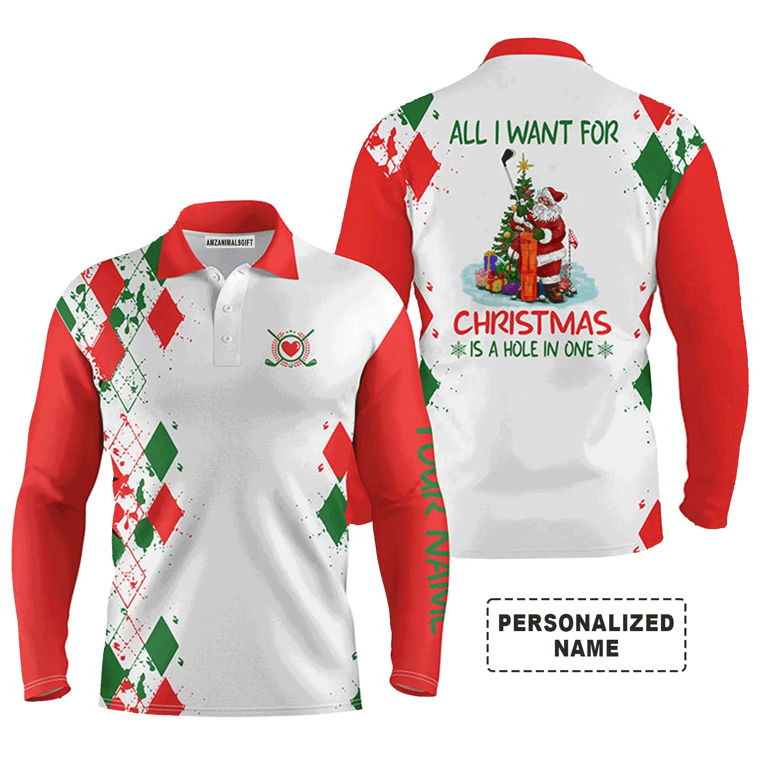 Golf Men Polo Shirt - Funny Santa Golfer Custom Name Apparel - All I Want For Christmas Is A Hole In One - Personalized Gift For Golf Lover, Team - Image 3