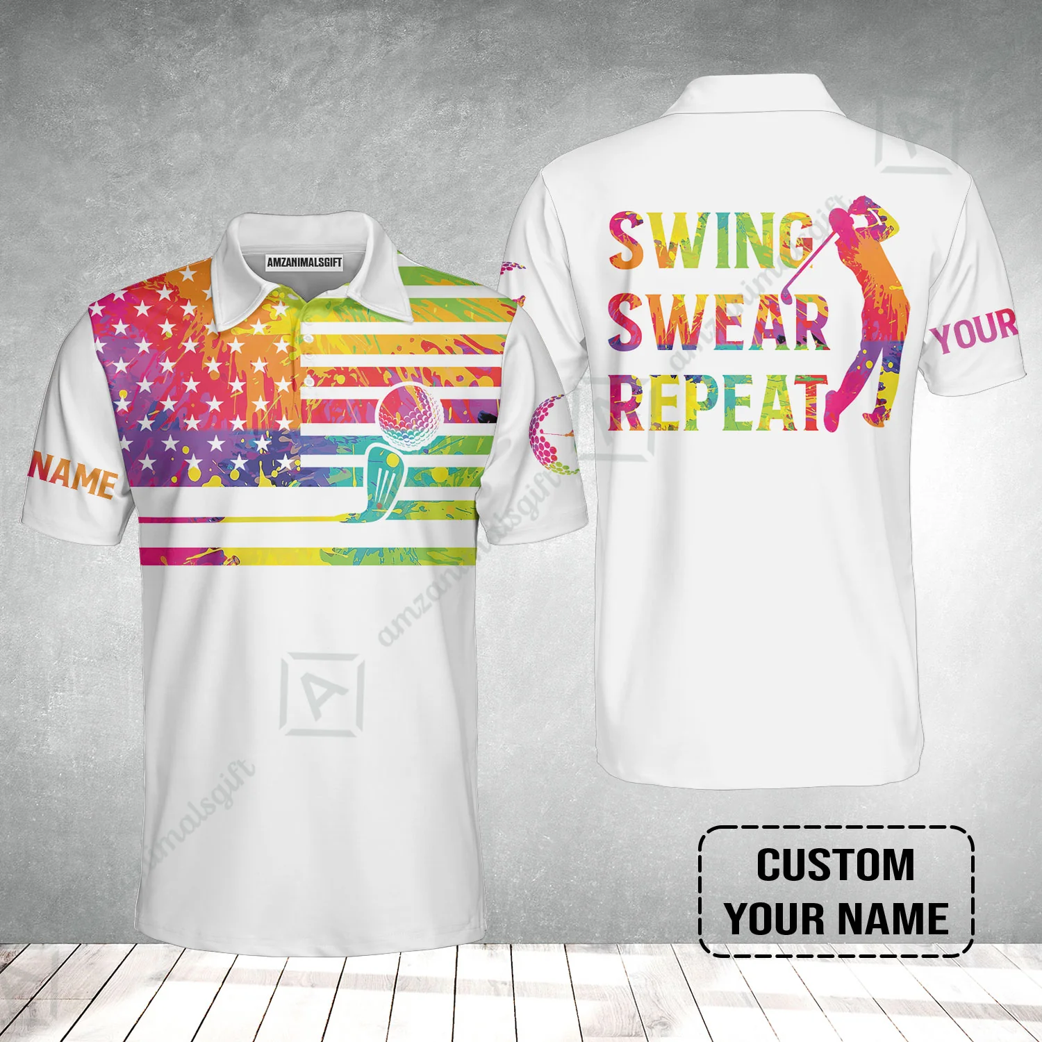 Golf Men Polo Shirt - Funny Watercolor American Flag Custom Name White Apparel - Swing Swear Repeat Golf Polo Shirt - Image 2