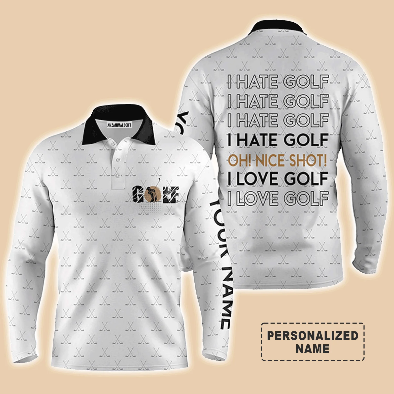 Golf Men Polo Shirt - Golf Clubs Pattern Custom Name Apparel, I Hate Golf Nice Shot I Love Golf - Personalized Gift For Golf Lover, Team - Image 2
