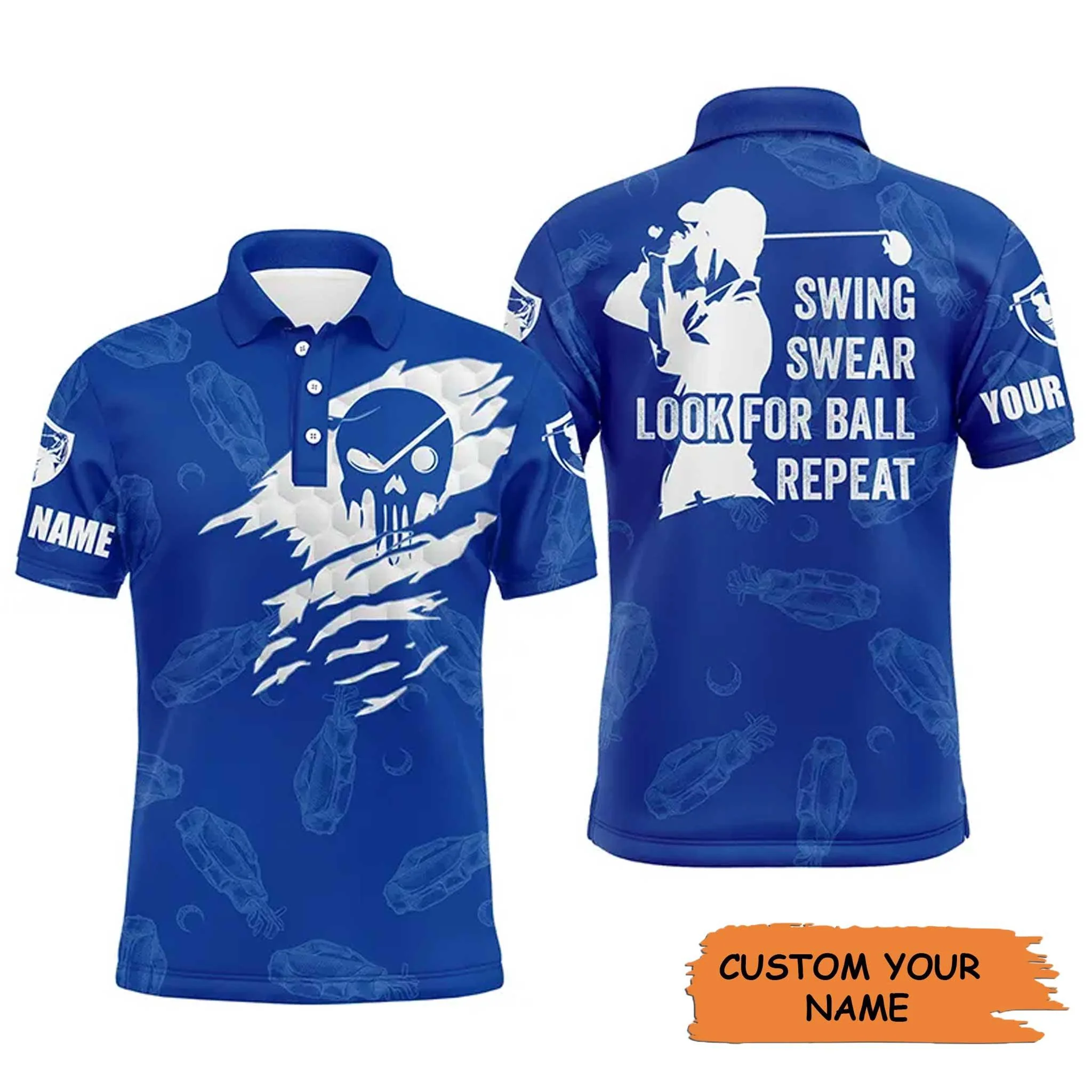 Golf Men Polo Shirt - Golf Clubs Pattern Custom Name Apparel - Swing Swear Look For Ball Repeat - Personalized Gift For Golf Lover, Team, Golfers - Image 2