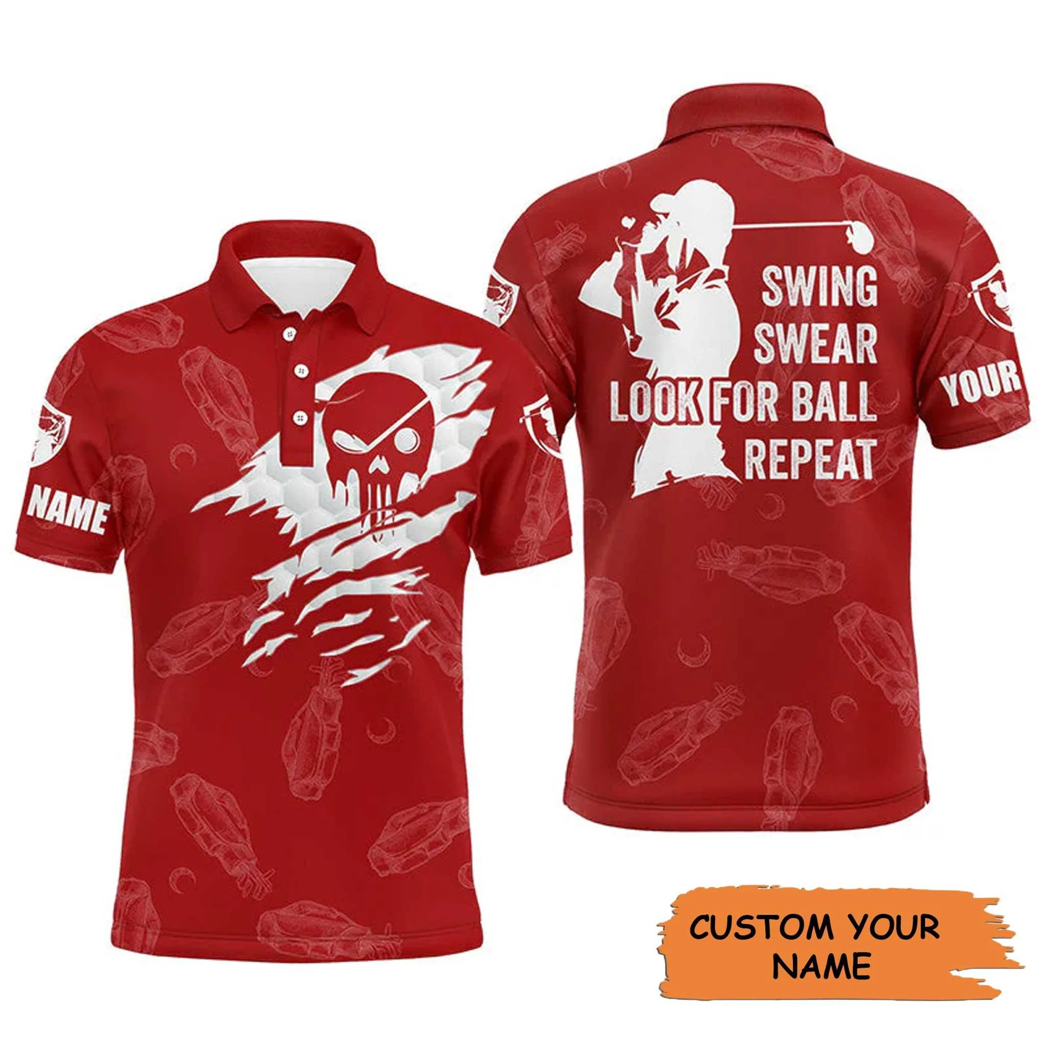 Golf Men Polo Shirt - Golf Clubs Pattern Custom Name Apparel - Swing Swear Look For Ball Repeat - Personalized Gift For Golf Lover, Team, Golfers - Image 3