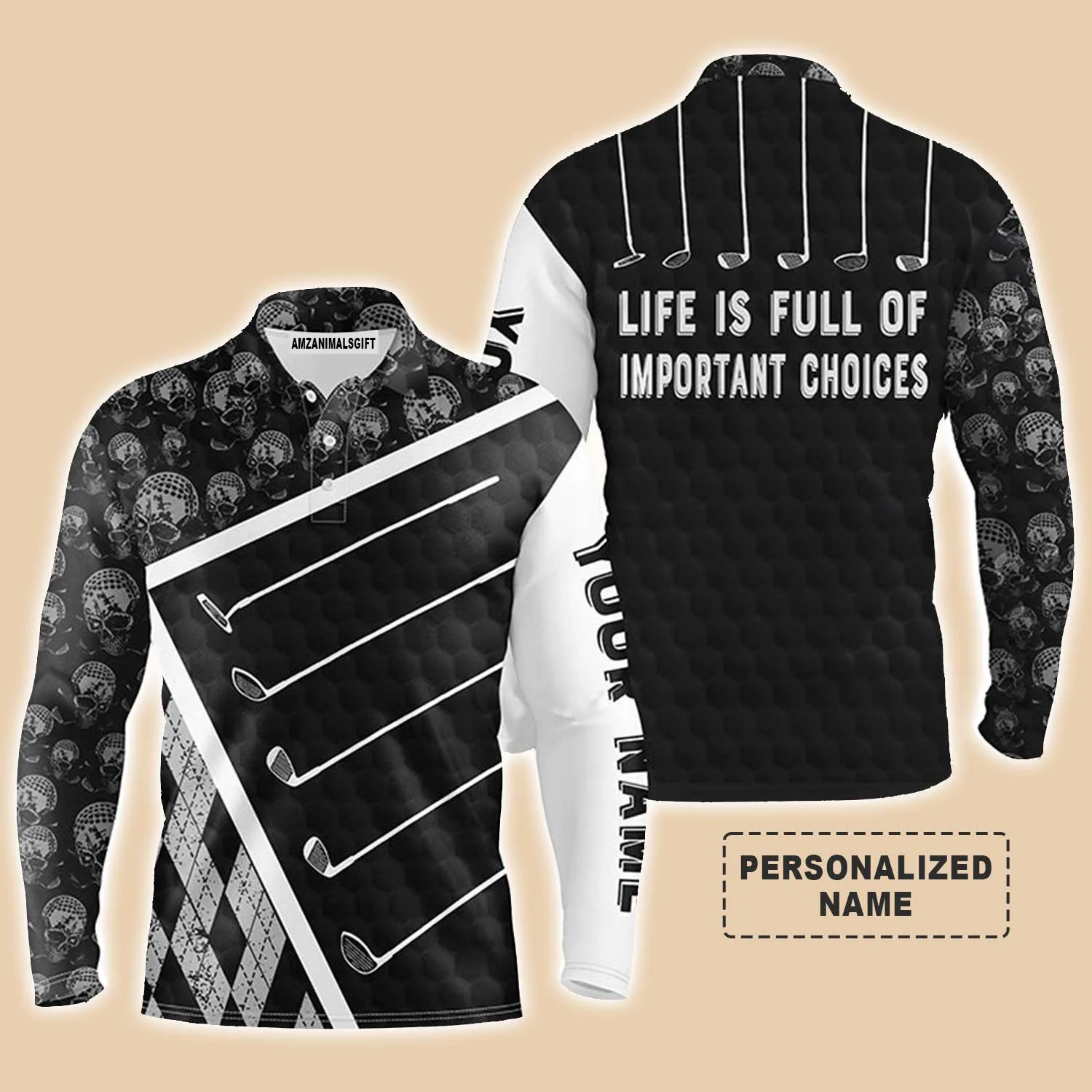 Golf Men Polo Shirt - Golf Clubs Skull Pattern Custom Name Black - Life Is Full Of Important Choices Black - Personalized Gift For Golf Lover, Team - Image 3
