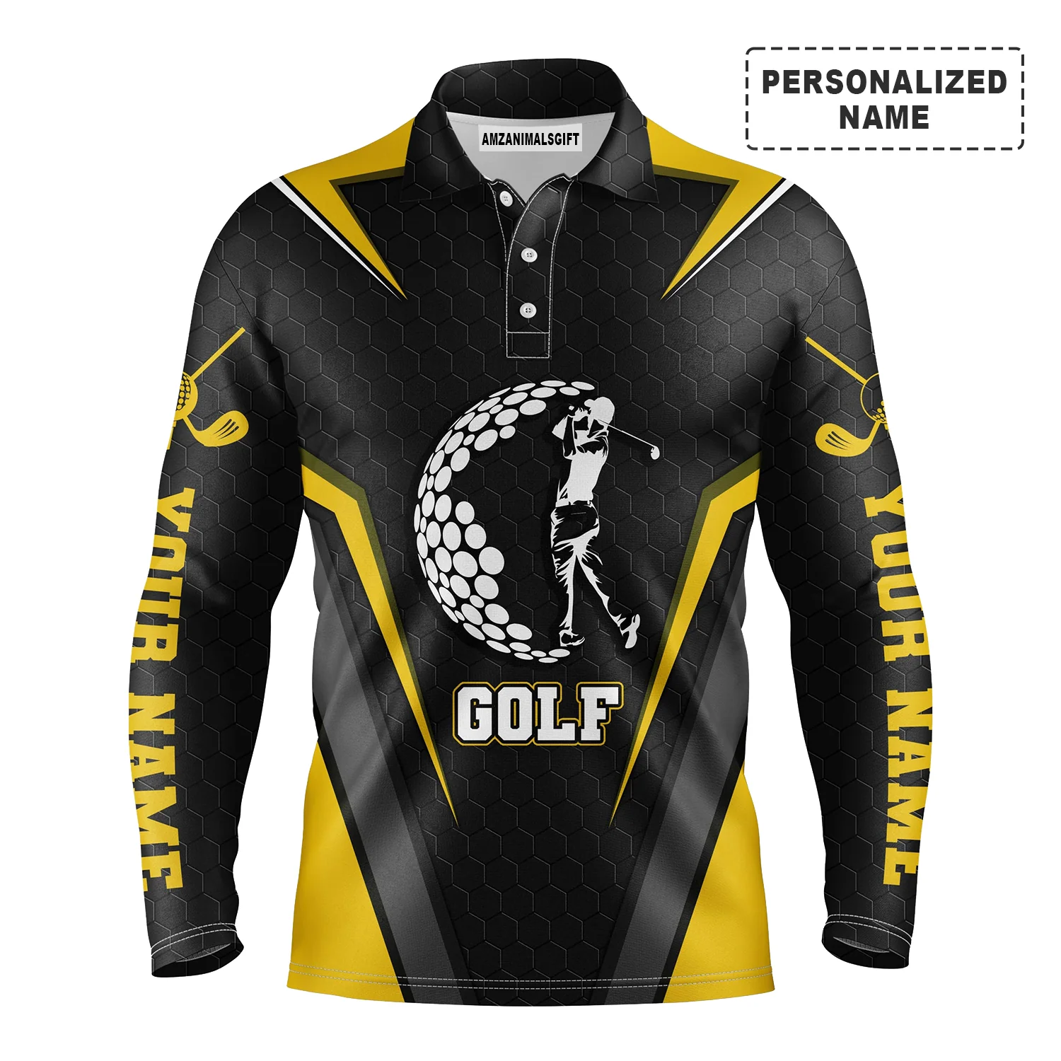 Golf Team Men Polo Shirt - Golfing Golf Ball Custom Name Black Yellow Apparel - Personalized Gift For Golf Lover, Golfer, Best Golf Polo Shirt For Men - Image 2