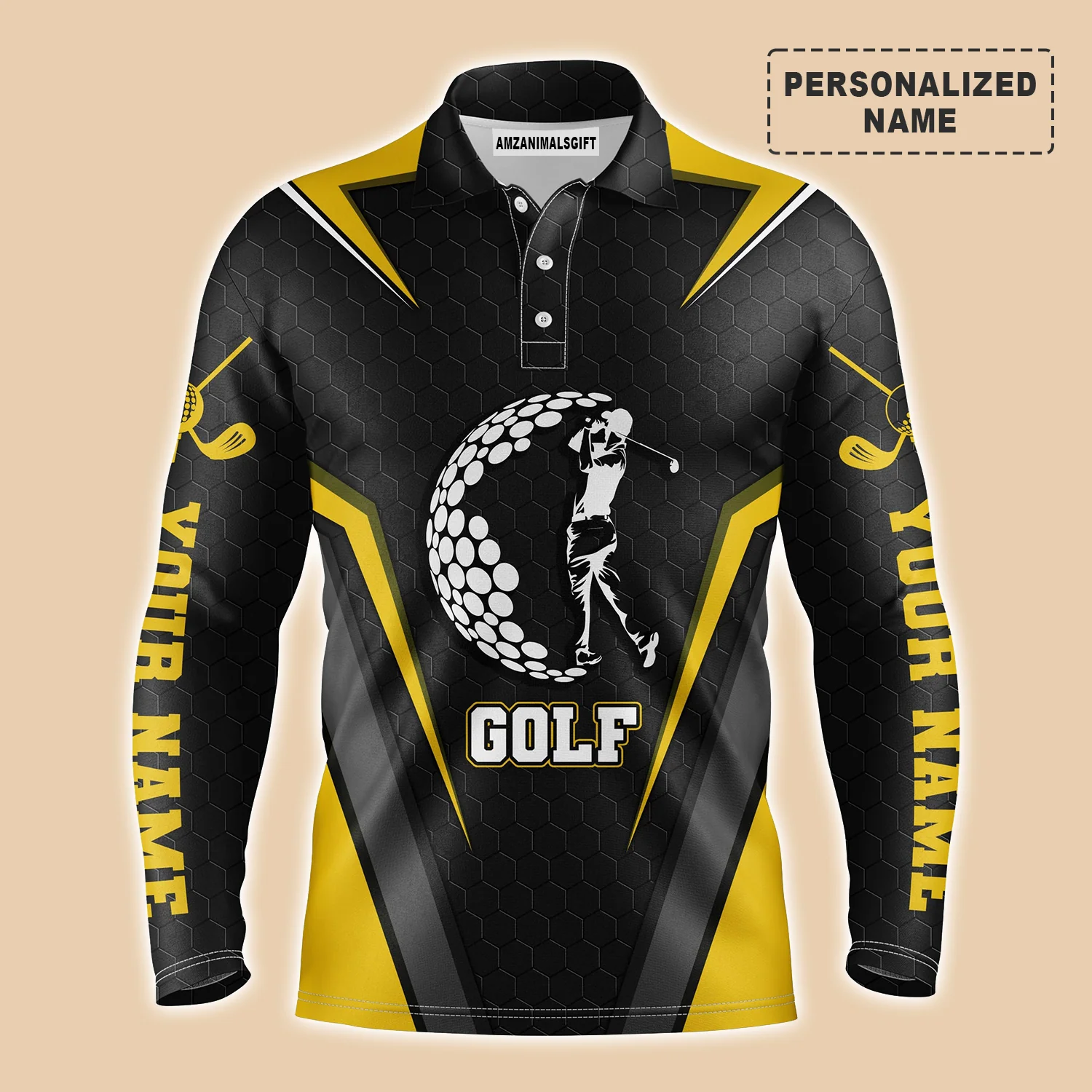 Golf Team Men Polo Shirt - Golfing Golf Ball Custom Name Black Yellow Apparel - Personalized Gift For Golf Lover, Golfer, Best Golf Polo Shirt For Men - Image 3