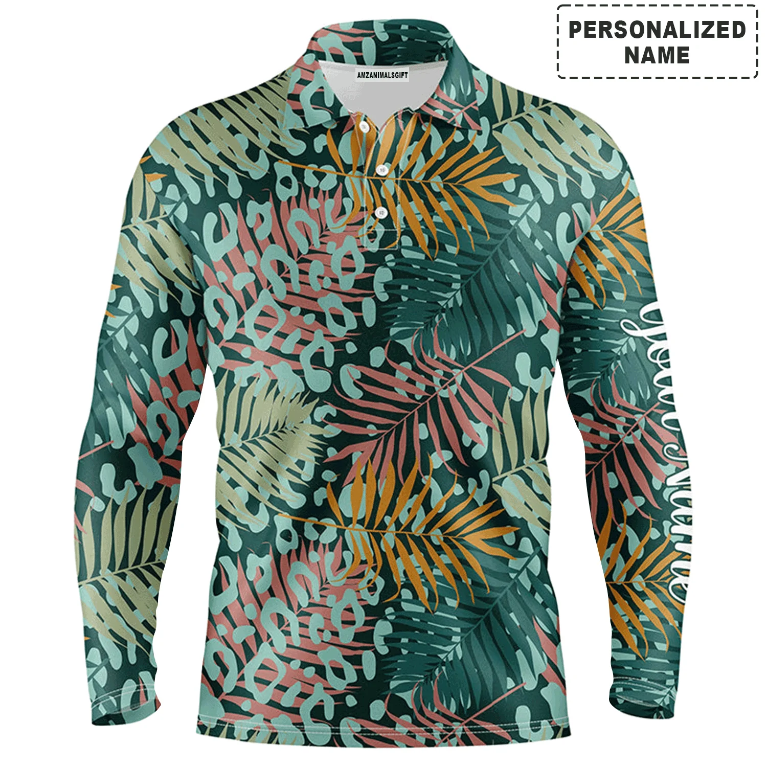 Golf Men Polo Shirt - Green Tropical Pattern With Palm Leopard Custom Name Apparel - Personalized Gift For Golf Lover, Men, Team, Husband, Boyfriend - Image 2