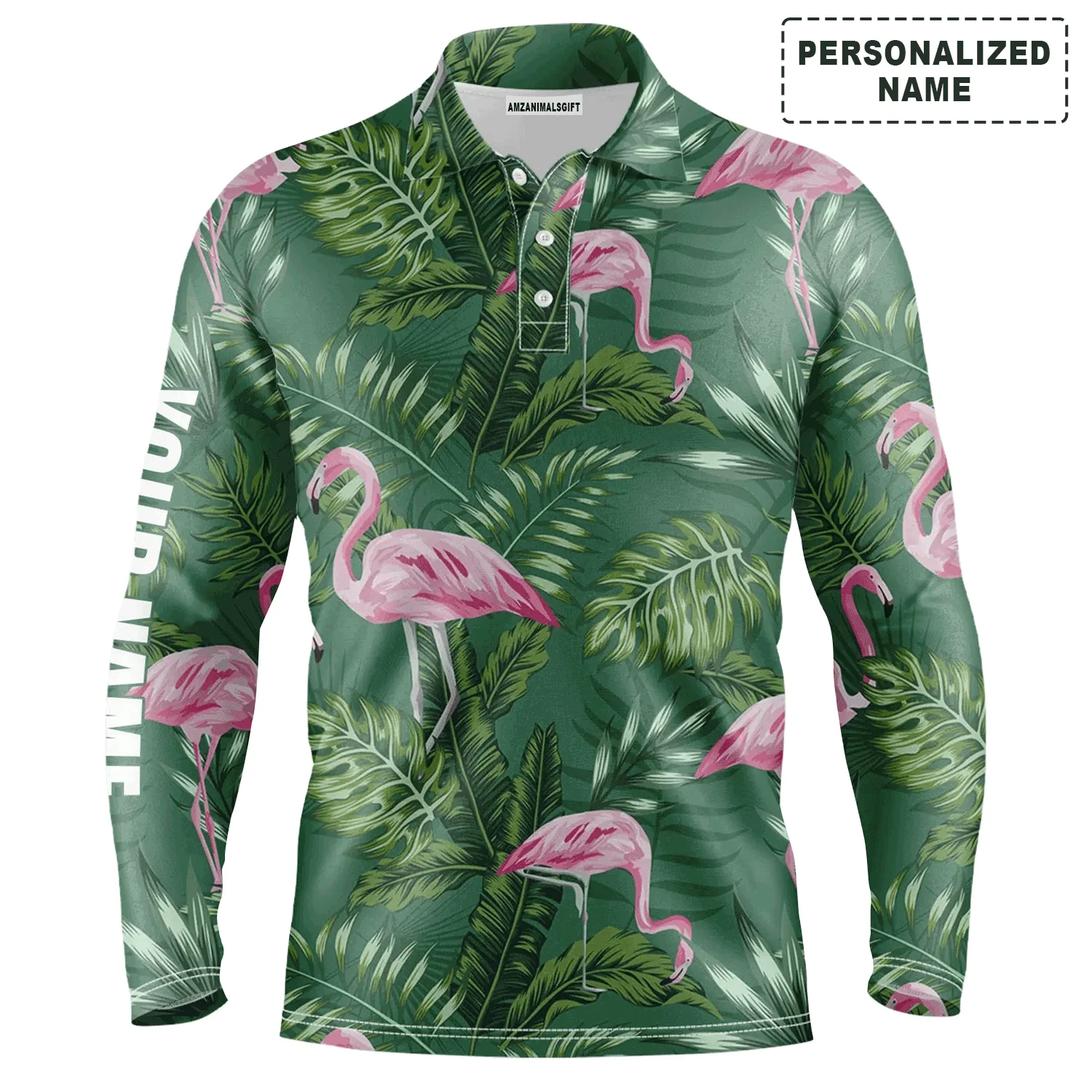 Golf Men Polo Shirt - Pink Flamingo Pattern Custom Name Apparel - Personalized Gift For Golf Lover, Men, Husband, Team, Boyfriend, Dad - Image 2