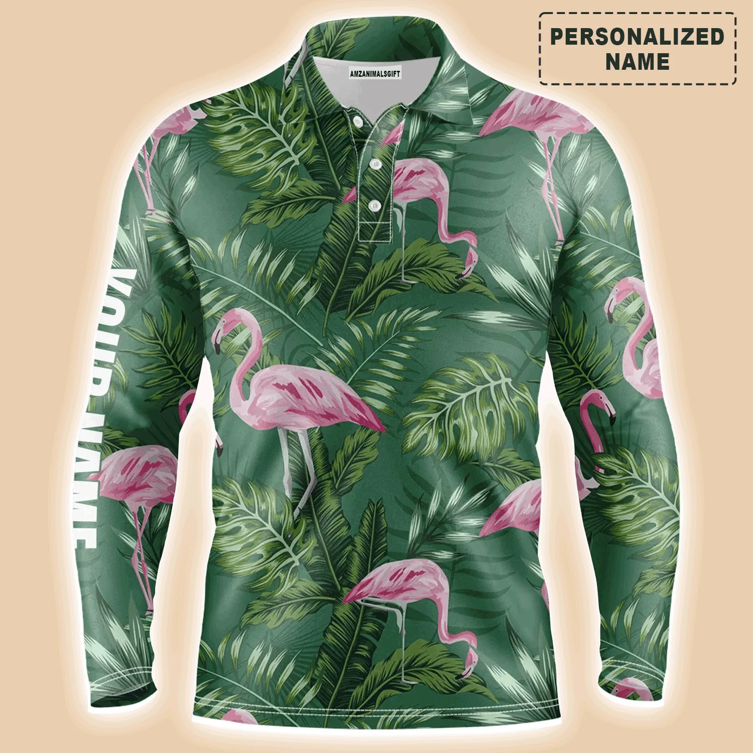 Golf Men Polo Shirt - Pink Flamingo Pattern Custom Name Apparel - Personalized Gift For Golf Lover, Men, Husband, Team, Boyfriend, Dad - Image 3