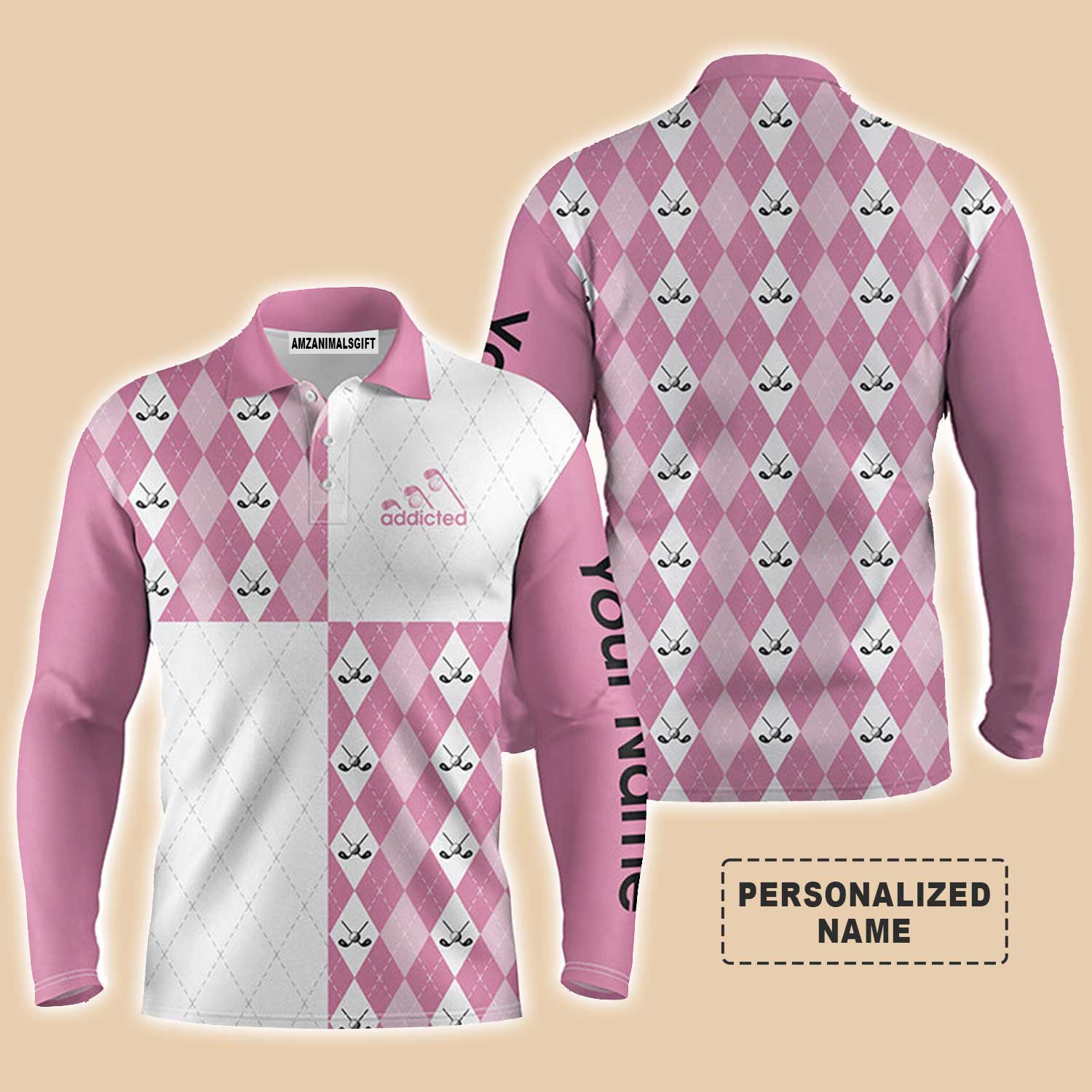 Golf Men Polo Shirt - Pink White Golf Ball Clubs Pattern Custom Name Apparel, Addicted - Personalized Gift For Golf Lover, Team, Golfer - Image 4