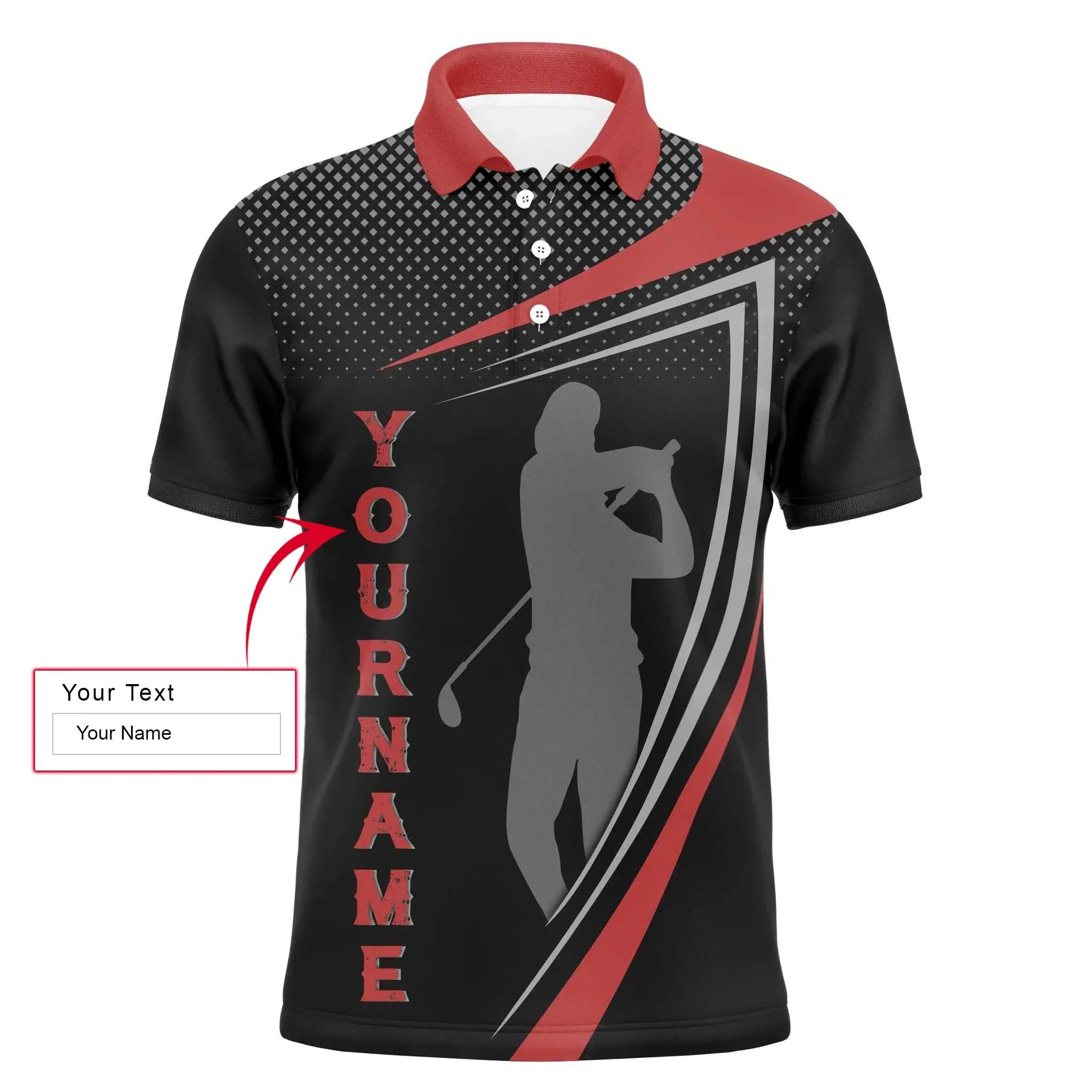 Golf Men Polo Shirt - Red And Black Golfer Silhouette Custom Name Apparel - Personalized Gift For Golf Lover, Team, Male Players, Golfer